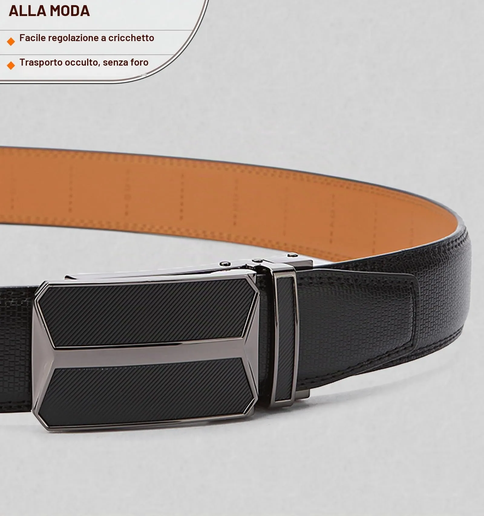BULLIANT Cintura Uomo in Pelle con Fibbia Automatica a Cricchetto 35mm, Nero, 105cm - immagine 2