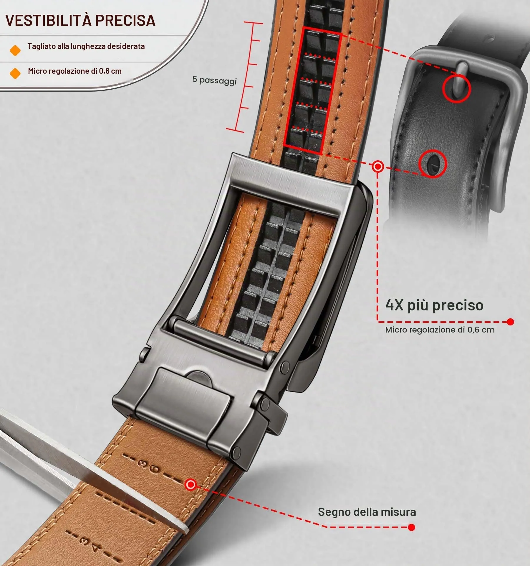 BULLIANT Cintura Uomo in Pelle con Fibbia Automatica a Cricchetto 35mm, Nero, 105cm - immagine 4