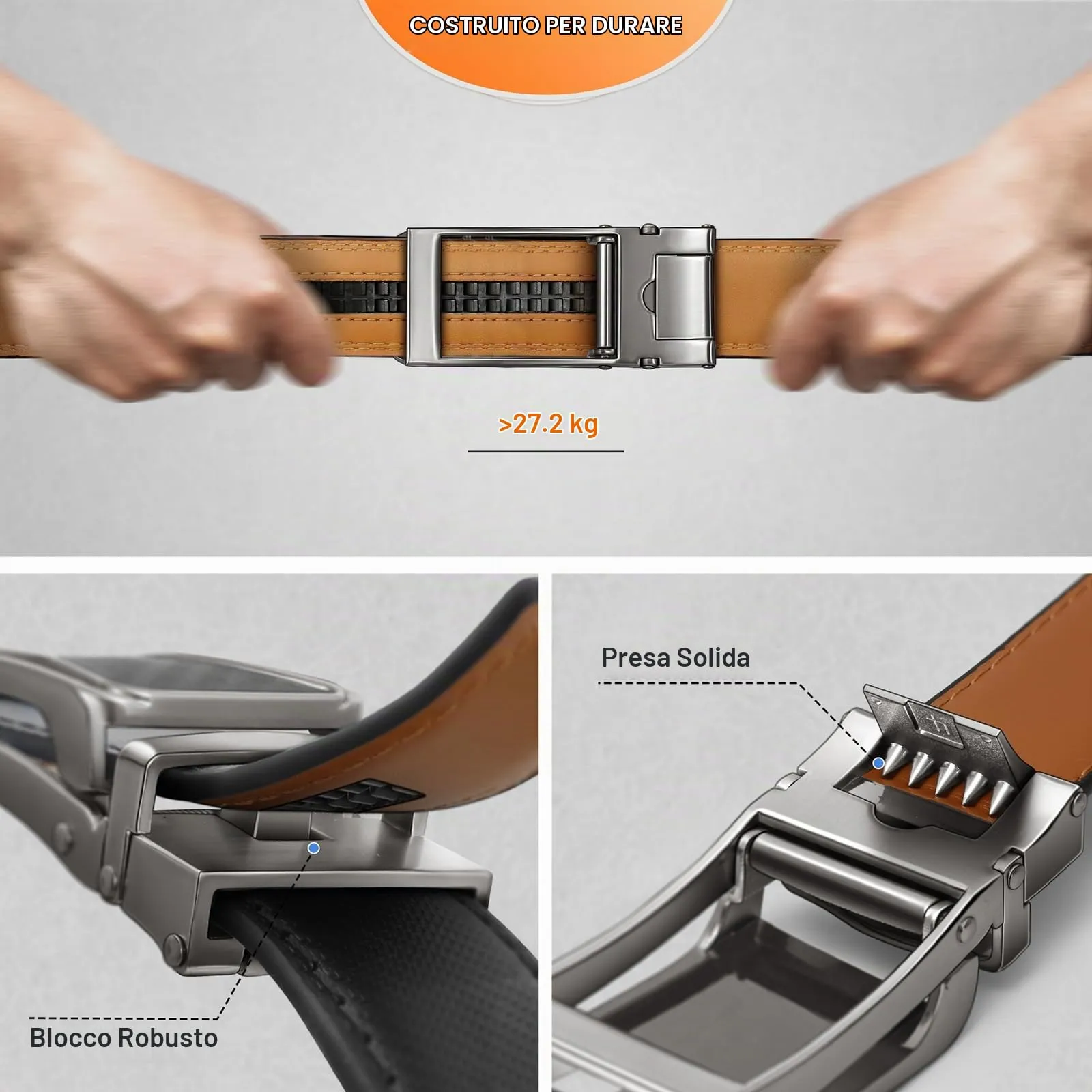 BULLIANT Cintura Uomo in Pelle con Fibbia Automatica a Cricchetto 35mm, Nero, 105cm - immagine 6