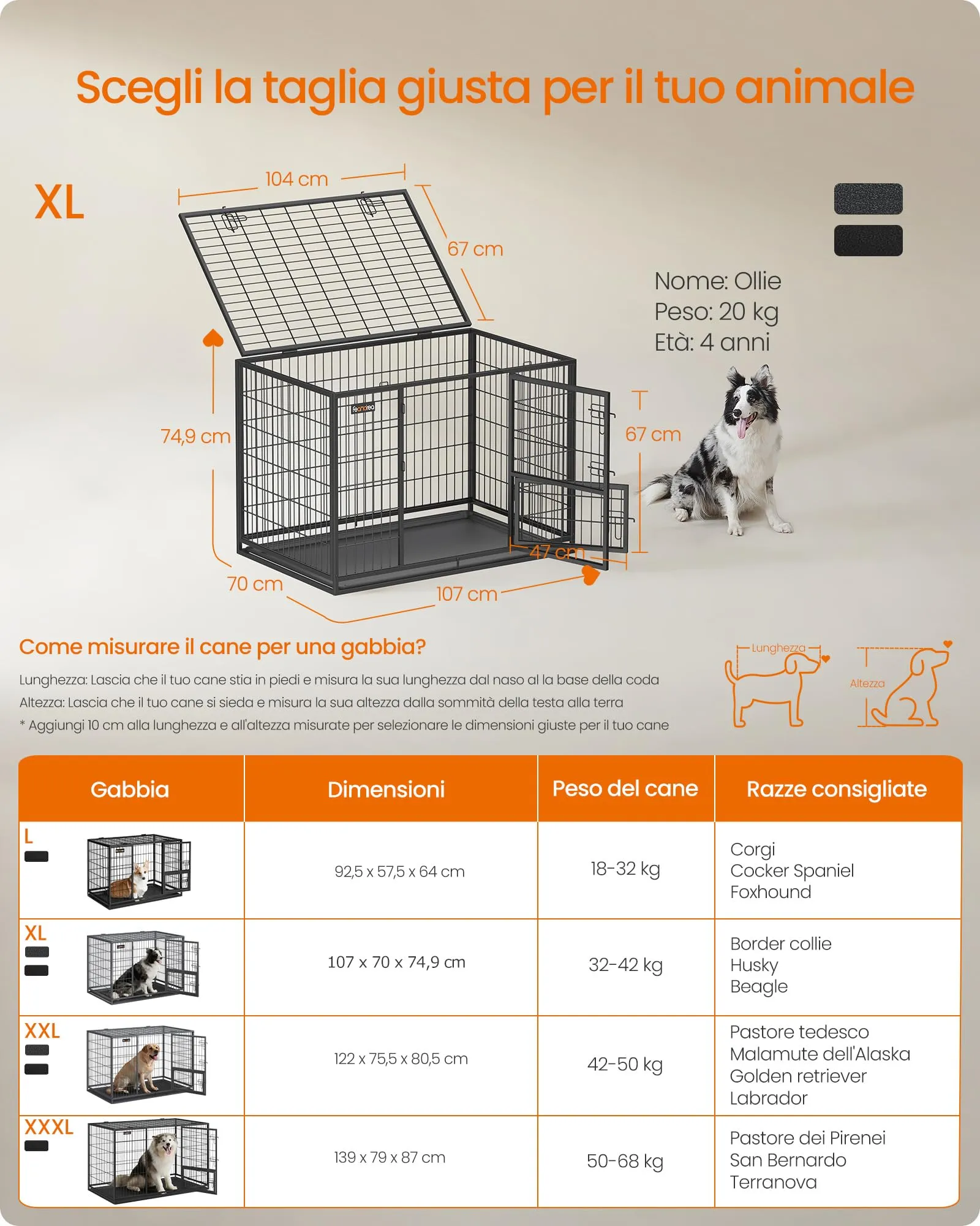 Feandrea Gabbia per Cani XL, 107 x 70 x 75 cm, Doppia Porta Rimovibile, Nero PPD001B01 - immagine 4
