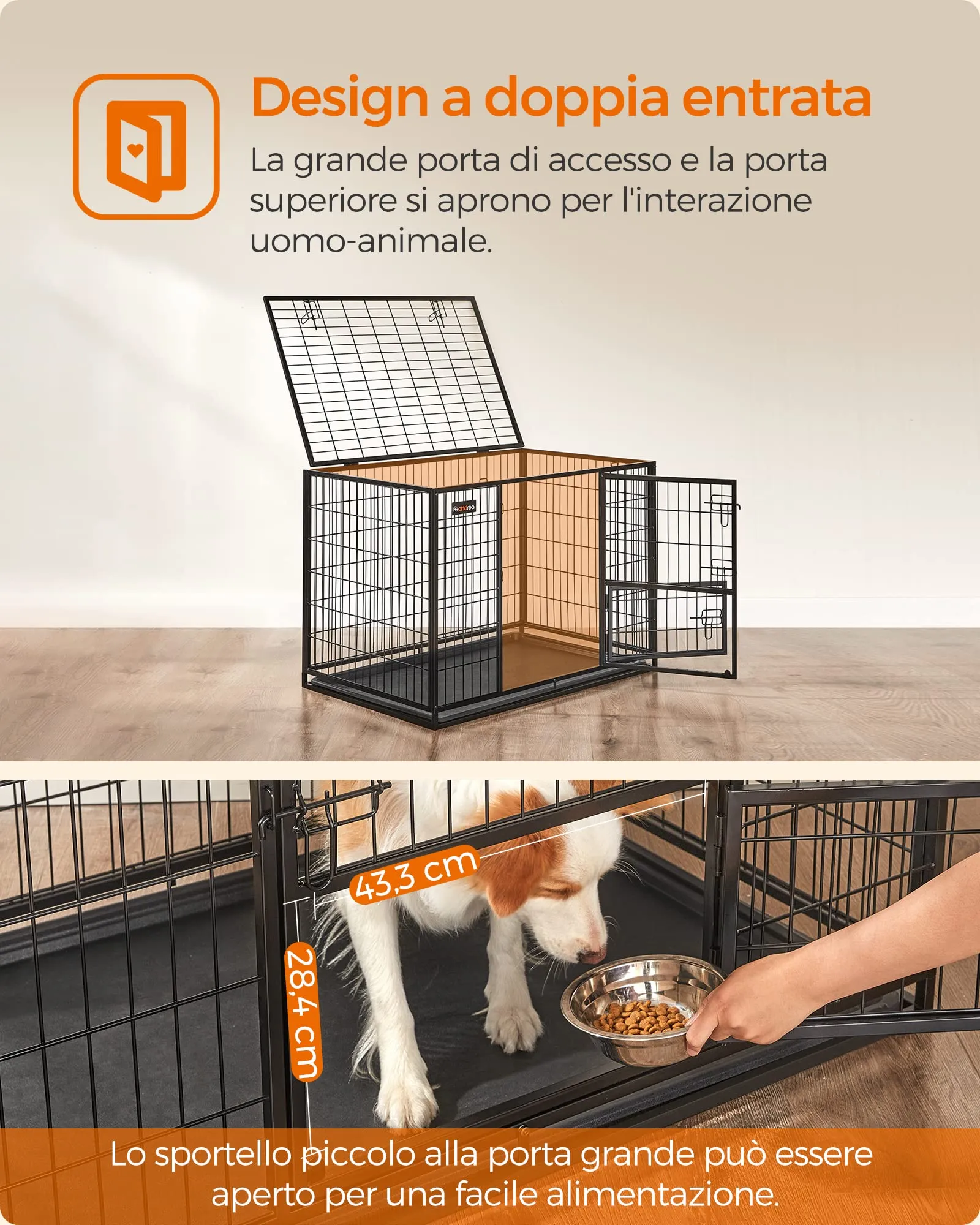 Feandrea Gabbia per Cani XL, 107 x 70 x 75 cm, Doppia Porta Rimovibile, Nero PPD001B01 - immagine 5