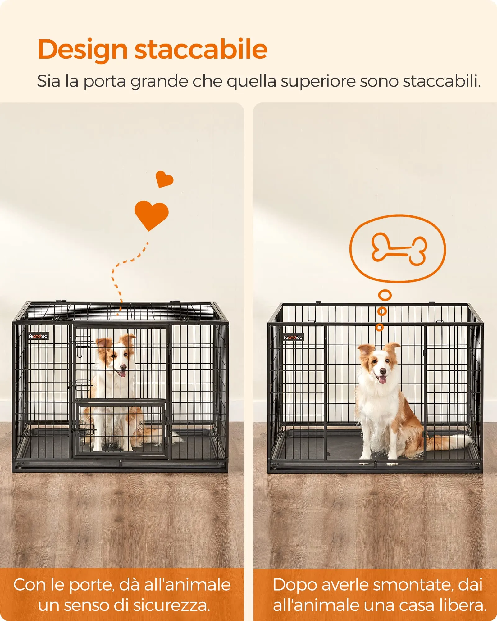 Feandrea Gabbia per Cani XL, 107 x 70 x 75 cm, Doppia Porta Rimovibile, Nero PPD001B01 - immagine 6