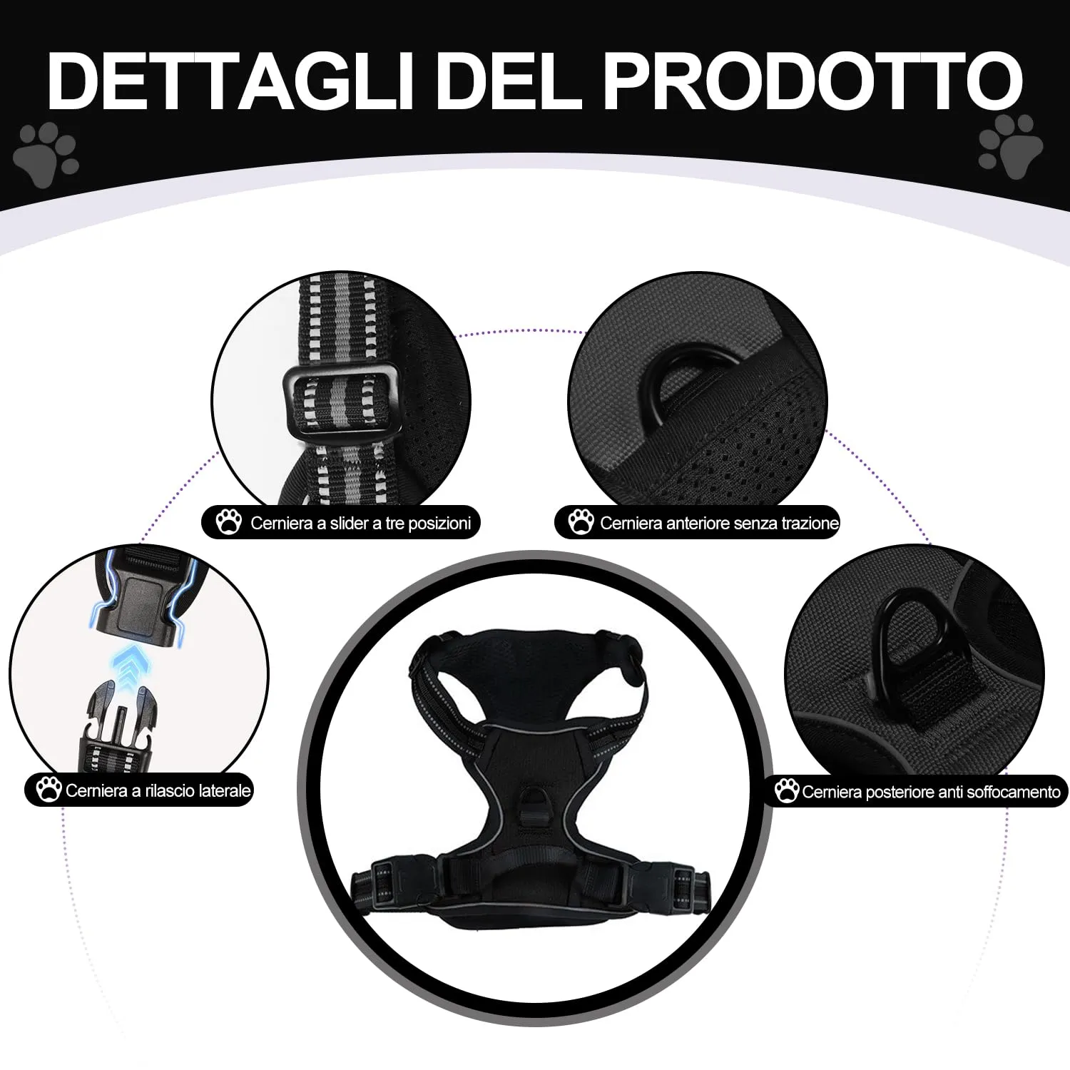 CUEMOON Pettorina per Cani Anti Tiro Riflettente, Nero, S - immagine 2