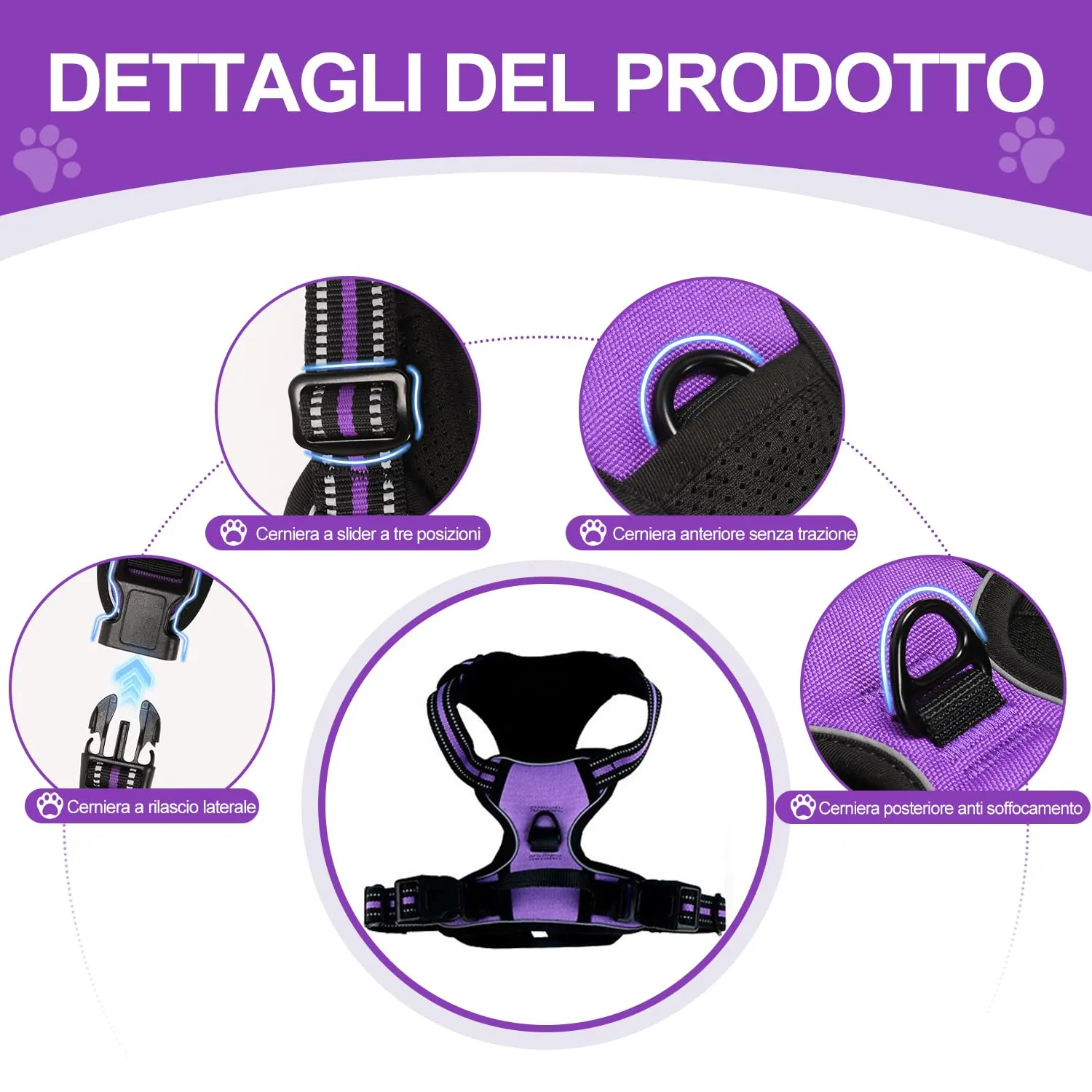 CUEMOON Pettorina per Cani Anti Tiro Riflettente, Viola, S - immagine 2