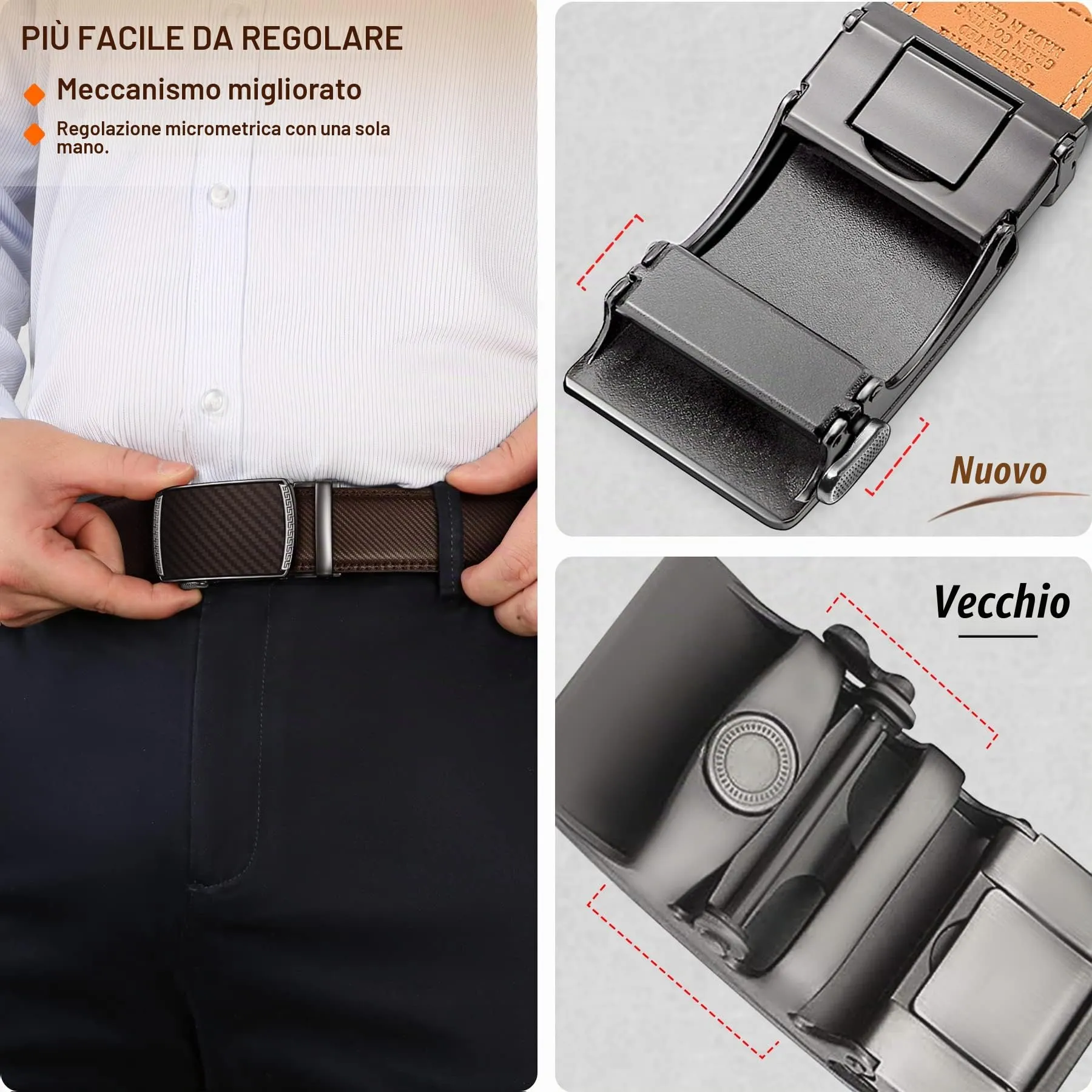 BULLIANT Cintura Uomo in Pelle con Fibbia Automatica a Cricchetto 35mm, Marrone Scuro, 105cm - immagine 5