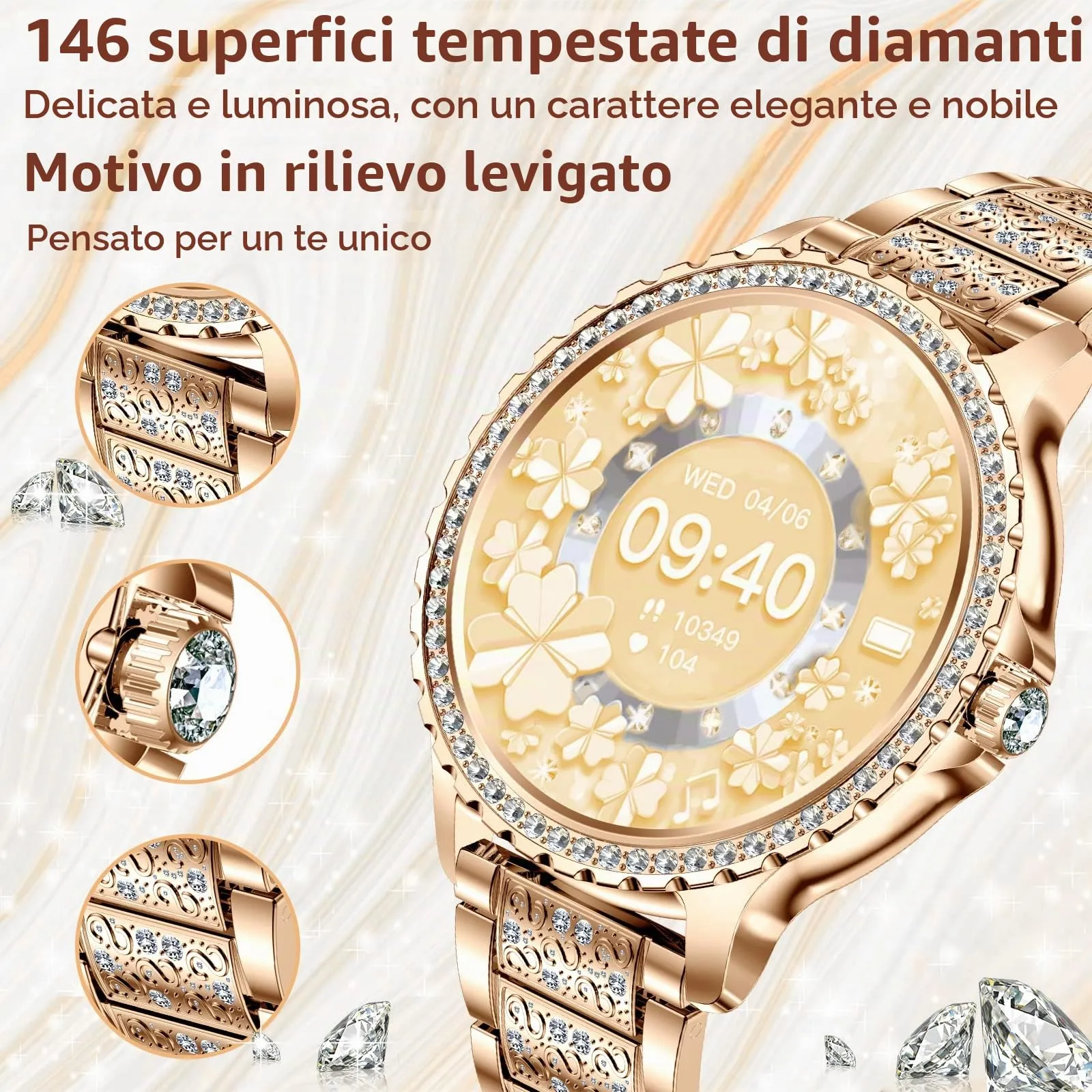 fitonyo Smartwatch Donna Diamond 1.32'' con Chiamate Bluetooth, Cardiofrequenzimetro, SpO2 e Monitoraggio del Sonno per iOS e Android - immagine 2