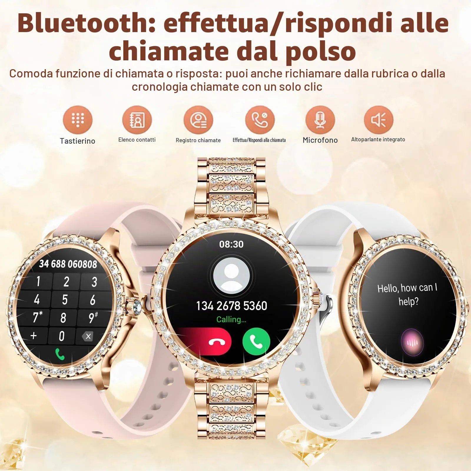 fitonyo Smartwatch Donna Diamond 1.32'' con Chiamate Bluetooth, Cardiofrequenzimetro, SpO2 e Monitoraggio del Sonno per iOS e Android - immagine 3