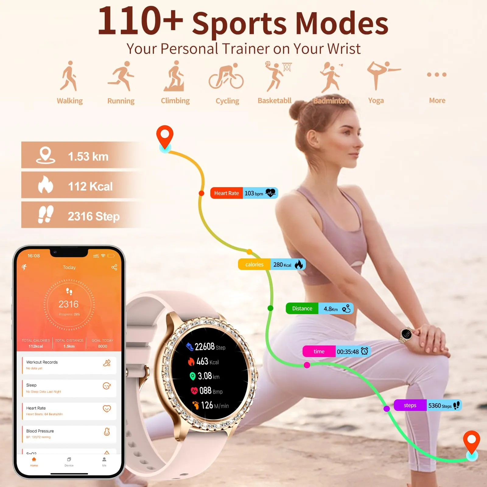 fitonyo Smartwatch Donna Diamond 1.32'' con Chiamate Bluetooth, Cardiofrequenzimetro, SpO2 e Monitoraggio del Sonno per iOS e Android - immagine 6
