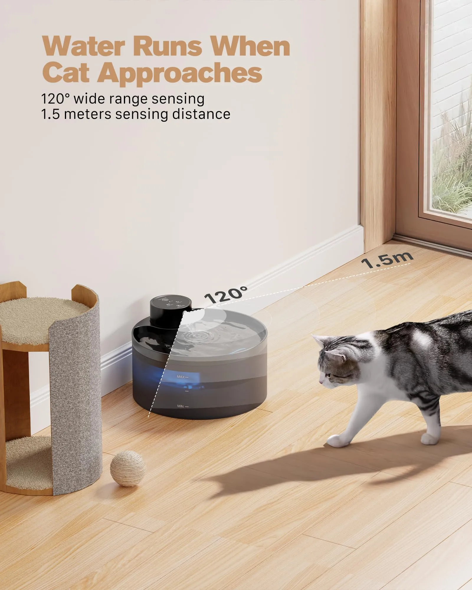 GIOTOHUN Fontanella per Gatti Senza Fili con Sensore di Movimento, 3.2L, Batteria 4200 mAh Ricaricabile, Nero - immagine 2