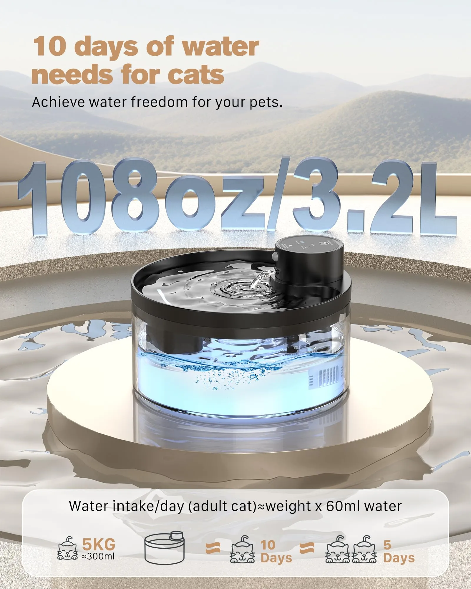 GIOTOHUN Fontanella per Gatti Senza Fili con Sensore di Movimento, 3.2L, Batteria 4200 mAh Ricaricabile, Nero - immagine 7