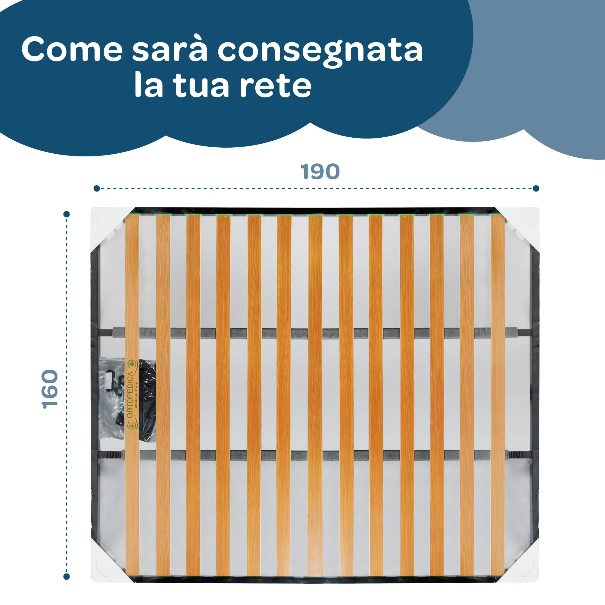 Dolci Sogni Rete Letto Matrimoniale Ortopedica 160x190 a Doghe in Legno con Doppia Barra Centrale e Struttura in Ferro, Made in Italy - immagine 3