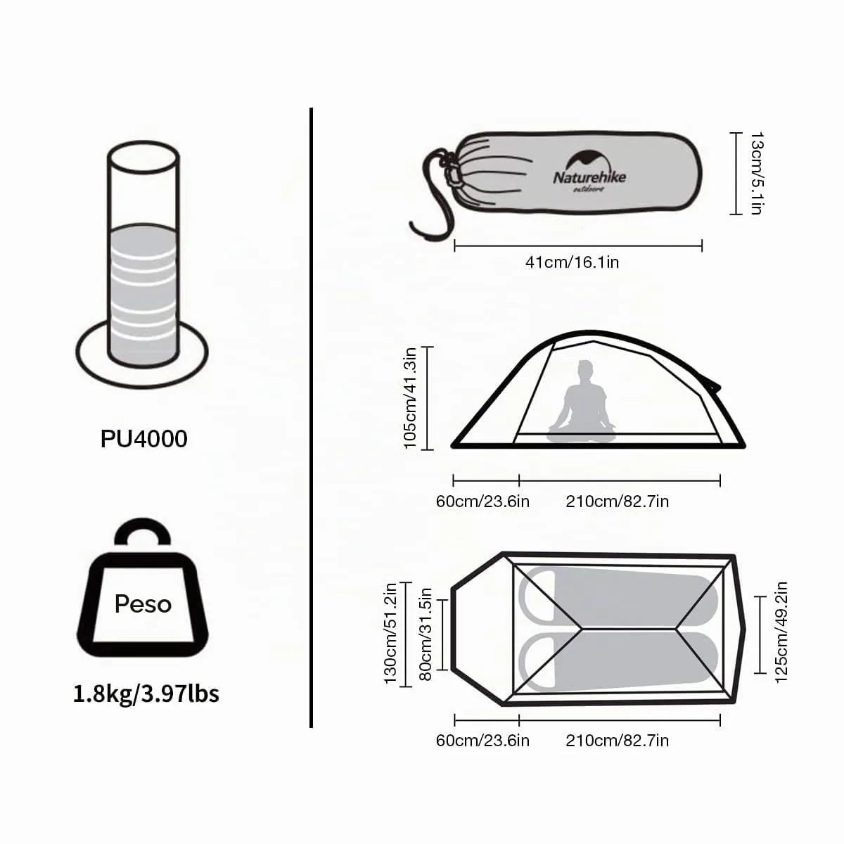 Naturehike Cloud-Up 2 Tenda da Campeggio 2 Persone 3-4 Stagioni Leggera, Grigio 20D - immagine 3