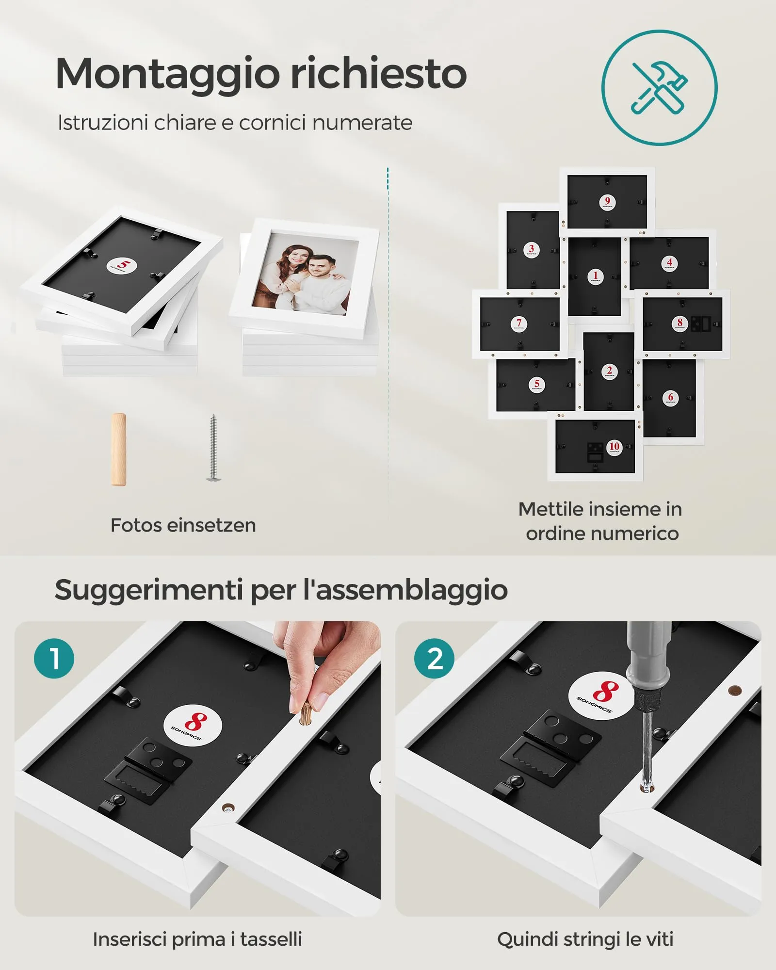 SONGMICS Collage di 10 Cornici per Foto 10 x 15 cm, Bianco Nuvola RPF20WT - immagine 8