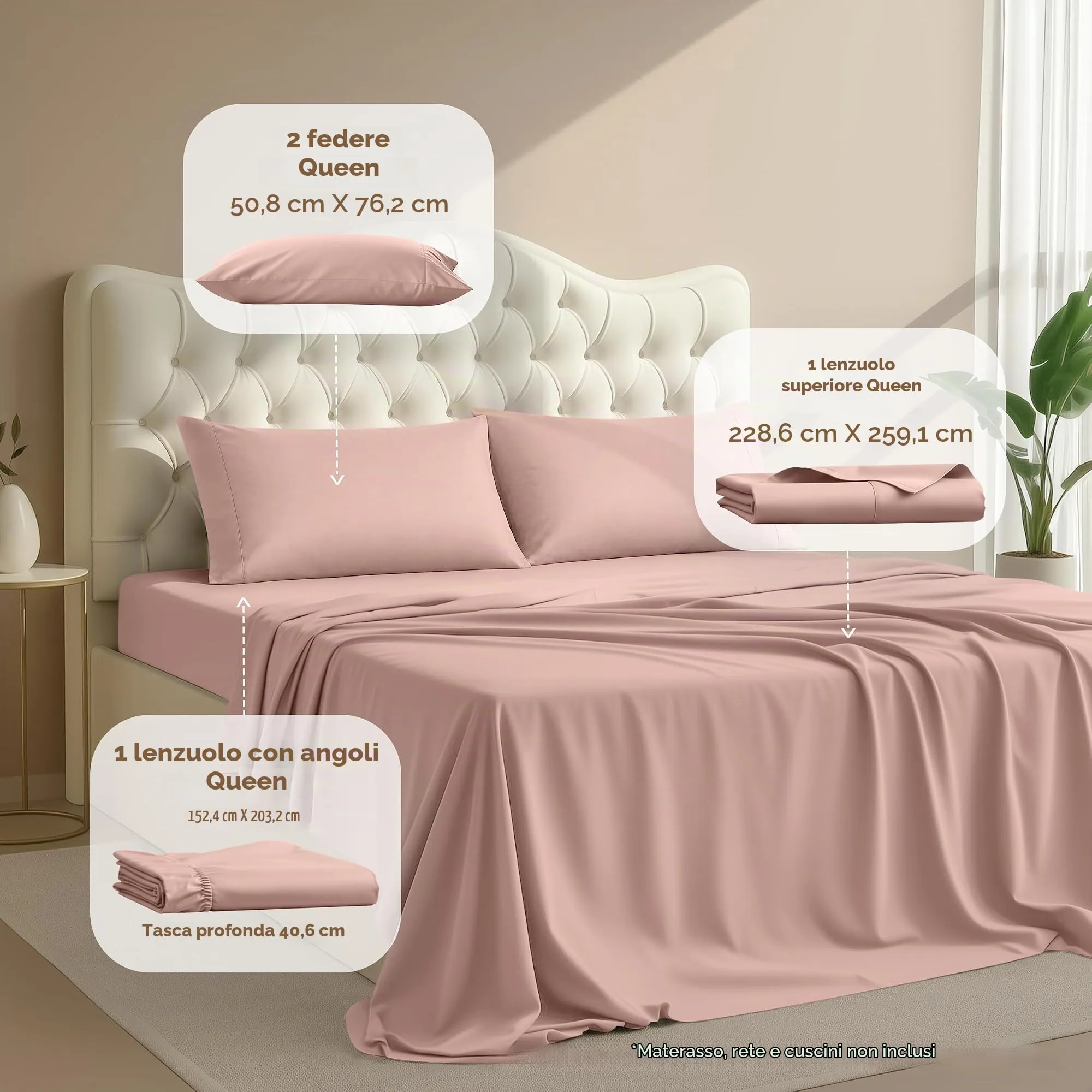 Utopia Bedding Set di lenzuola per letto Queen Size, 4 pezzi, microfibra, rosa cipria - immagine 3