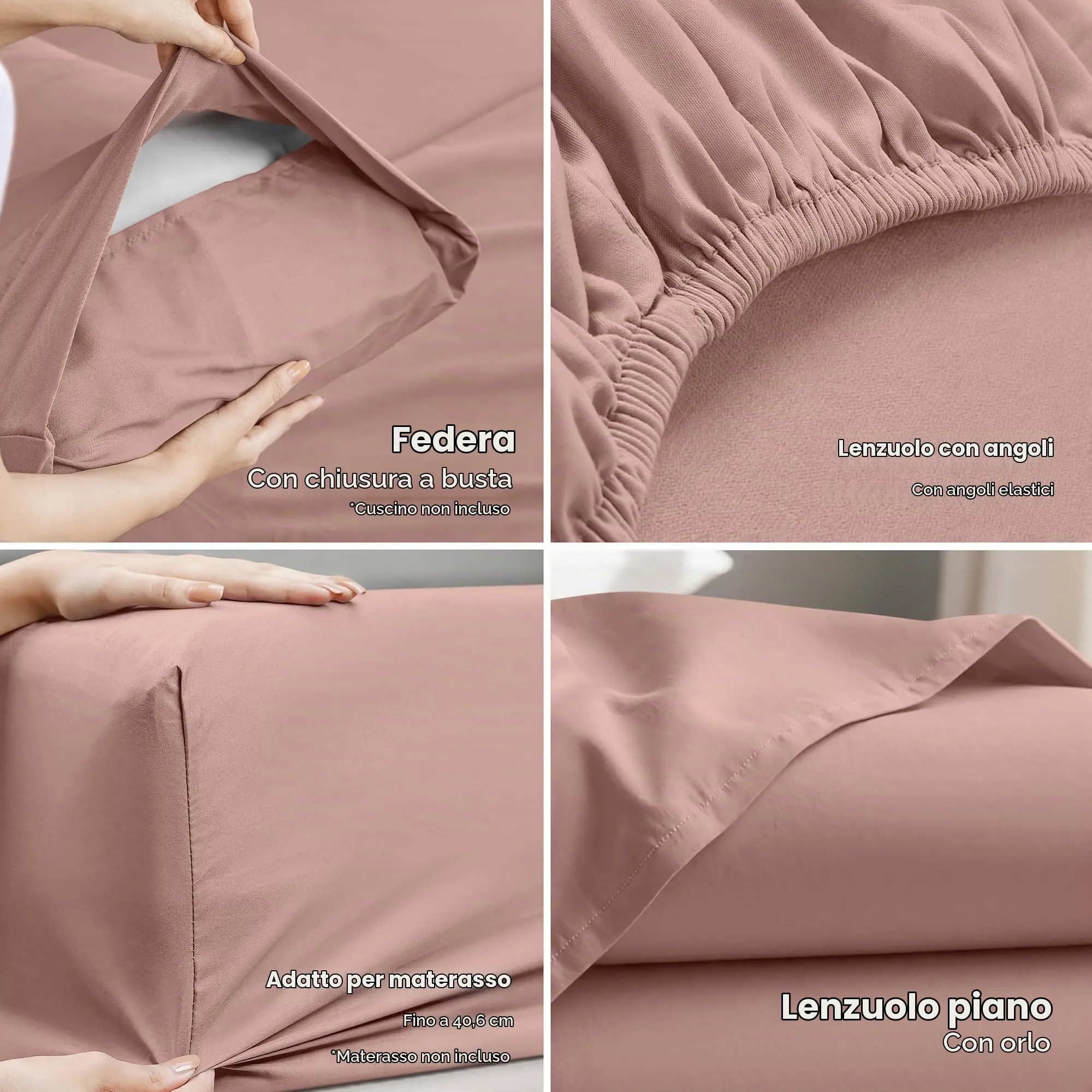 Utopia Bedding Set di lenzuola per letto Queen Size, 4 pezzi, microfibra, rosa cipria - immagine 4