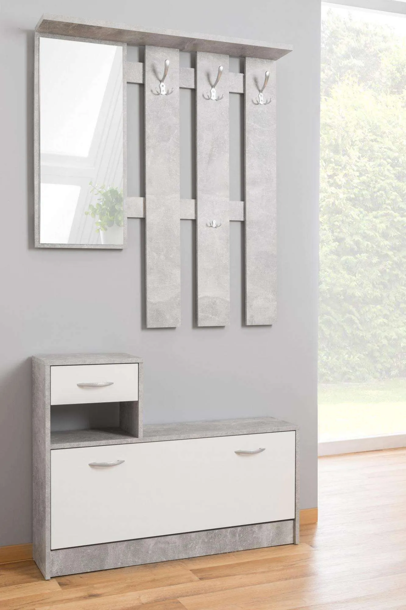 AVANTI TRENDSTORE Rudolf Guardaroba da Ingresso con Specchio, 3 Ganci e Scarpiera - Grigio - immagine 2
