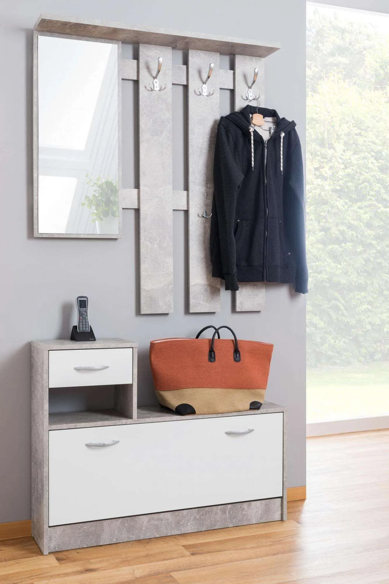 AVANTI TRENDSTORE Rudolf Guardaroba da Ingresso con Specchio, 3 Ganci e Scarpiera - Grigio - immagine 3