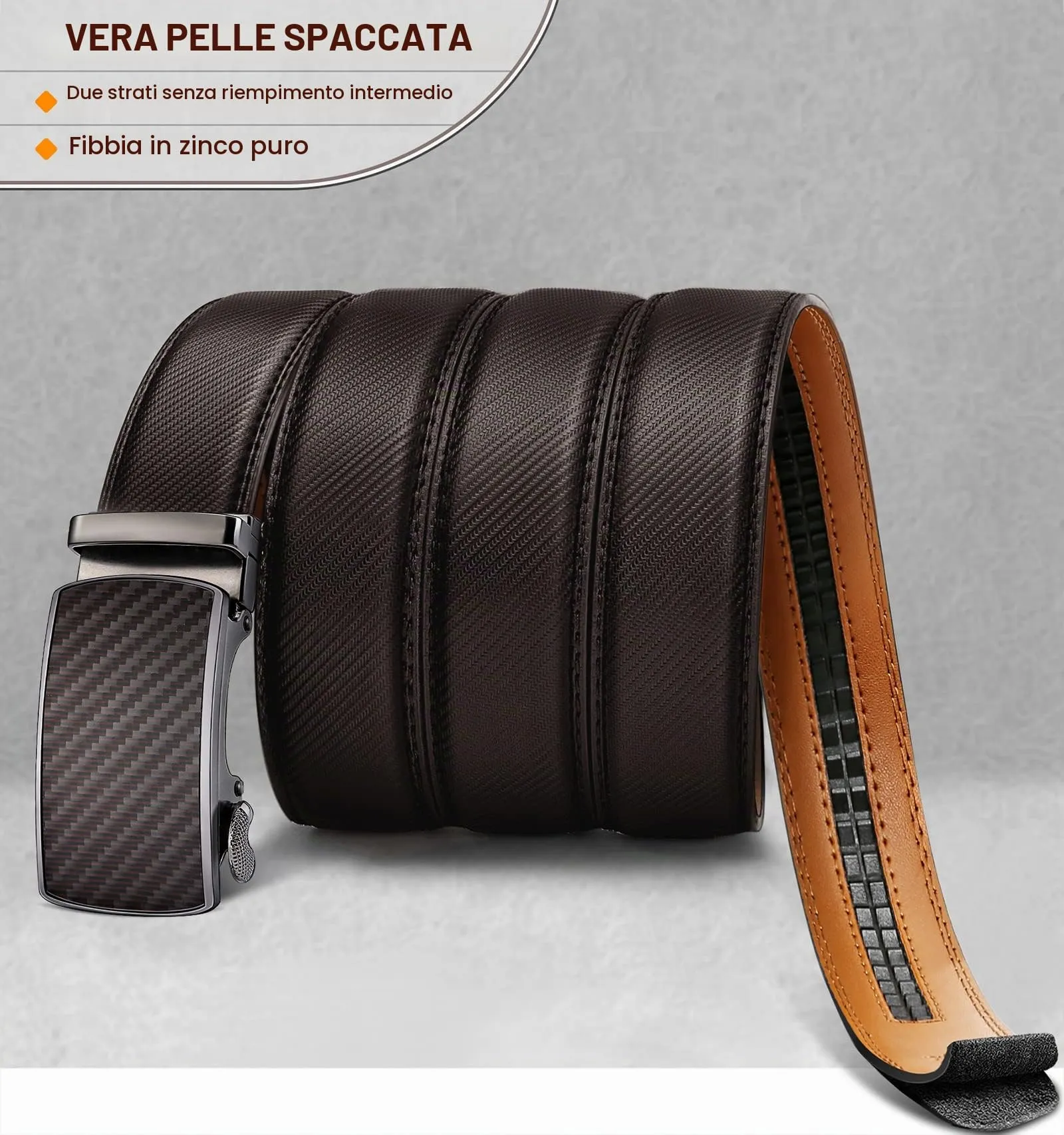 BULLIANT Cintura Uomo in Pelle con Fibbia Automatica a Cricchetto 35mm, Marrone Scuro, 130cm - immagine 3