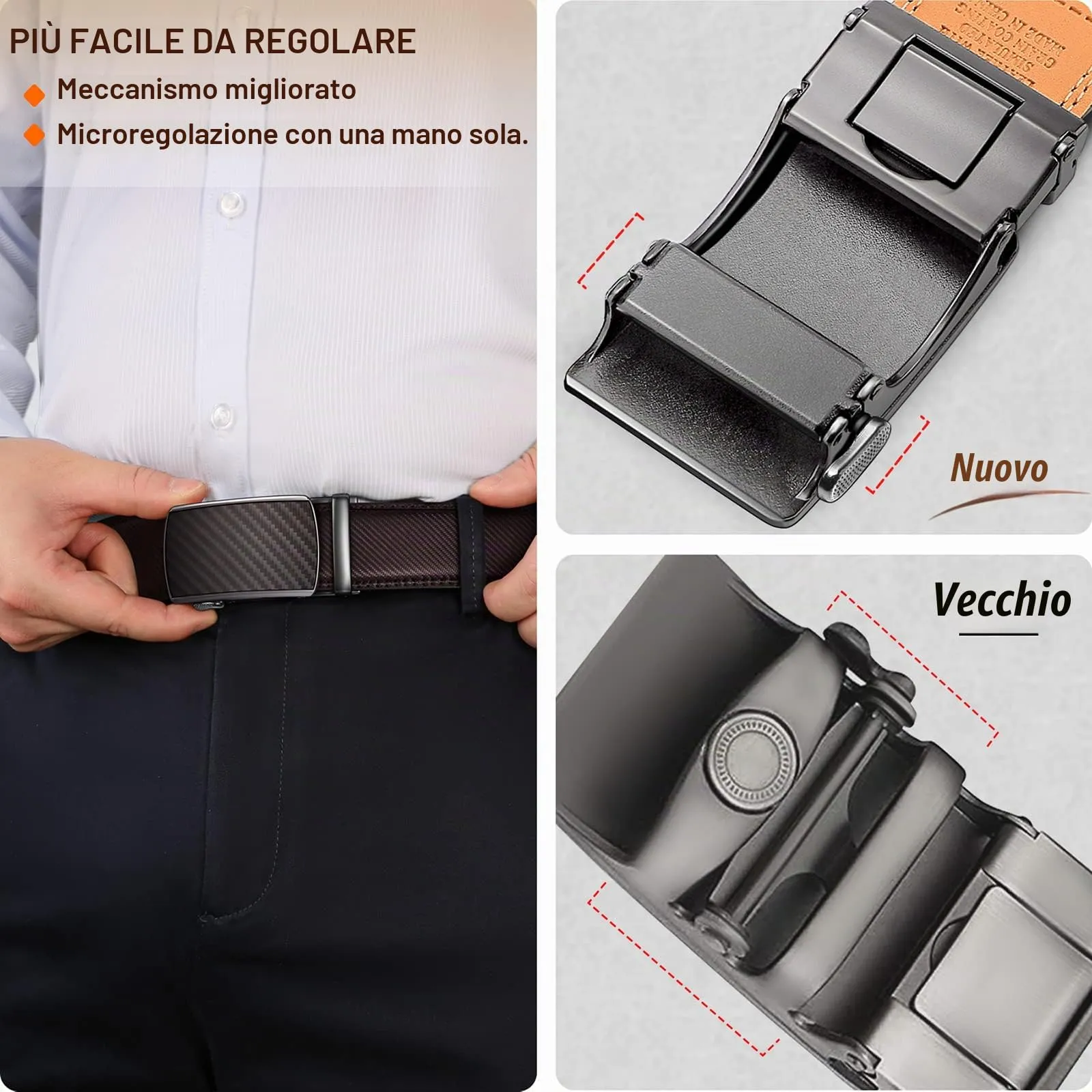BULLIANT Cintura Uomo in Pelle con Fibbia Automatica a Cricchetto 35mm, Marrone Scuro, 110cm/30-36 vita regolabile - immagine 5