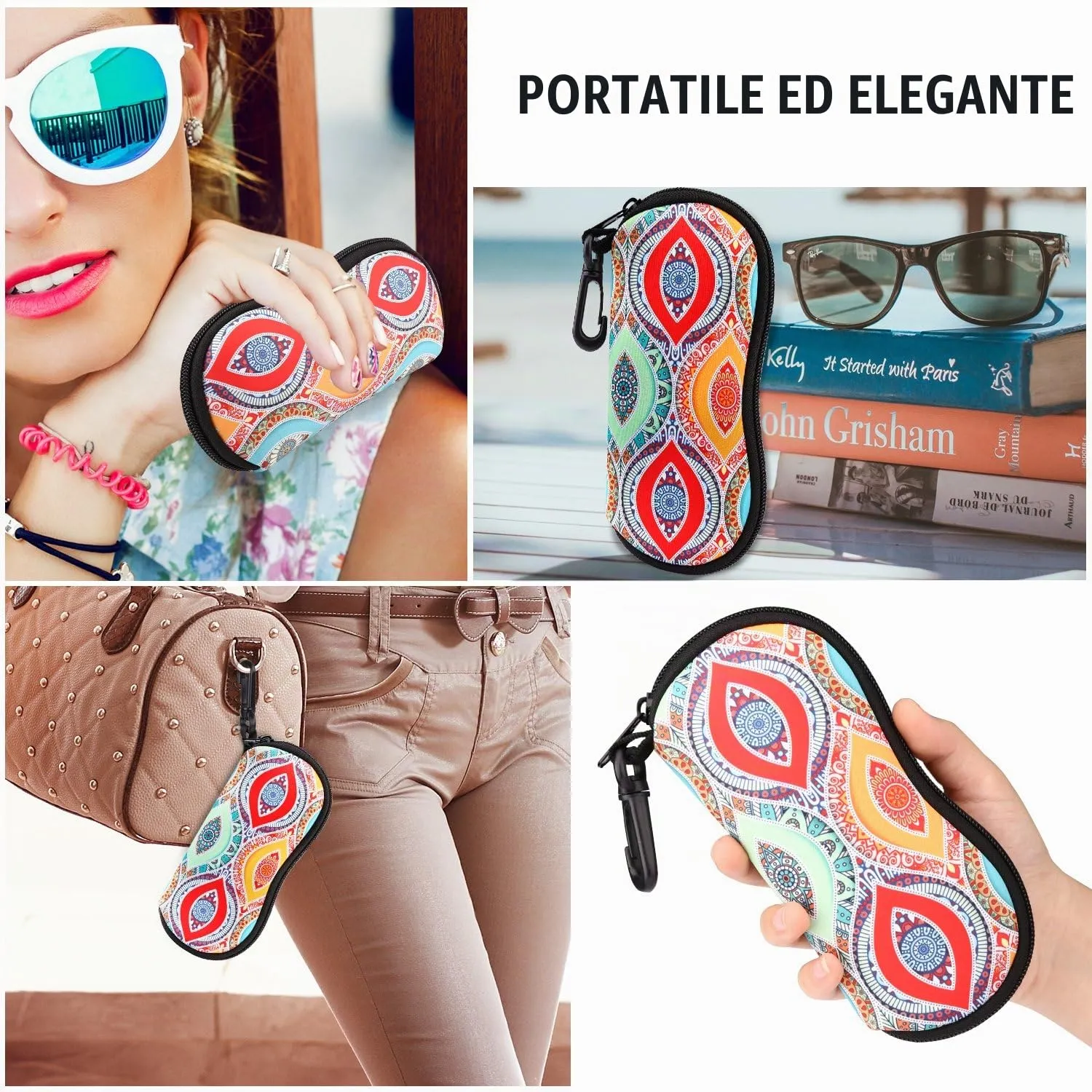 MoKo Custodia morbida in neoprene per occhiali da sole con chiusura a cerniera e clip per cintura, Colorato - immagine 6