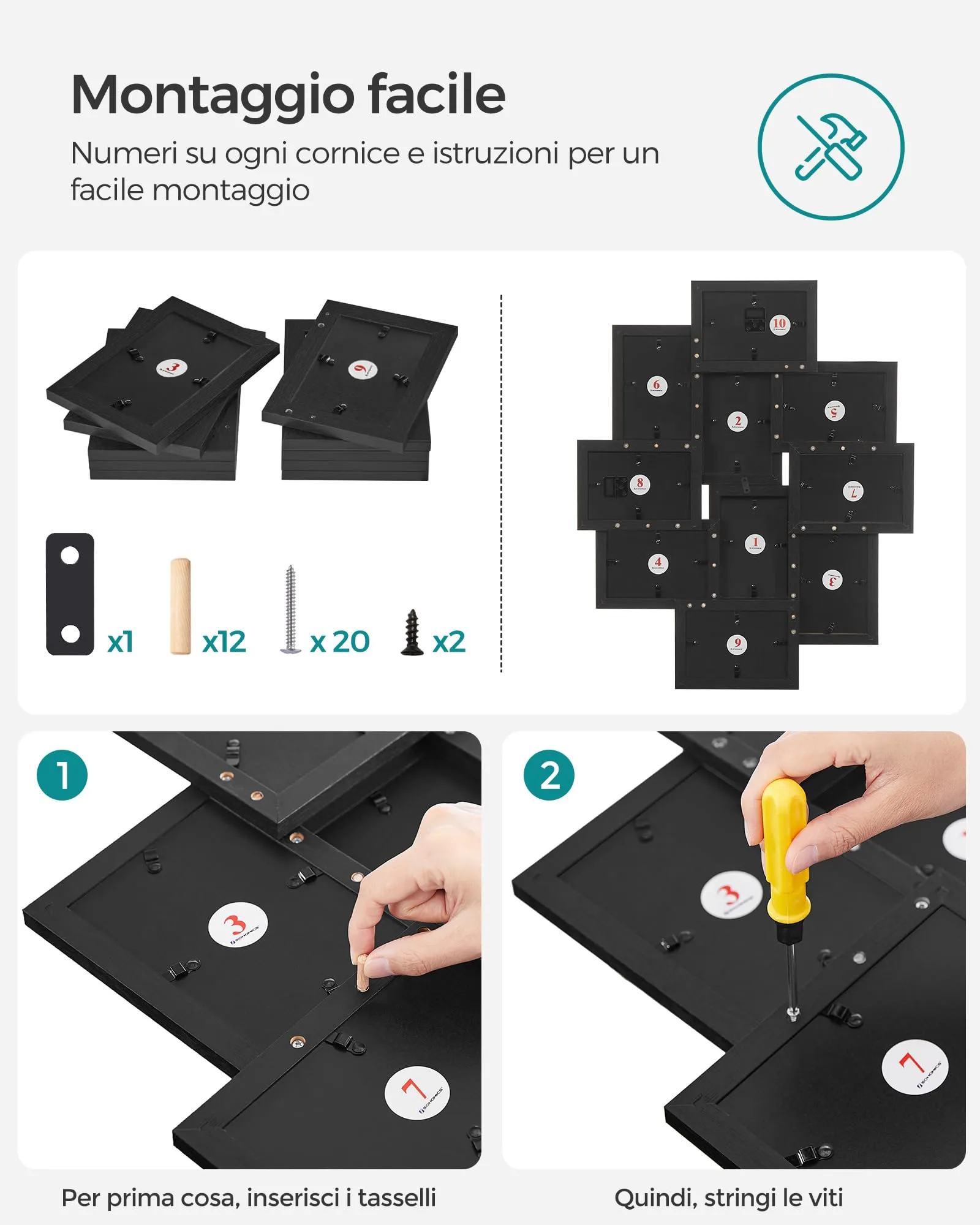 SONGMICS Collage di 10 Cornici per Foto 10 x 15 cm, Nero Inchiostro RPF20BK - immagine 8