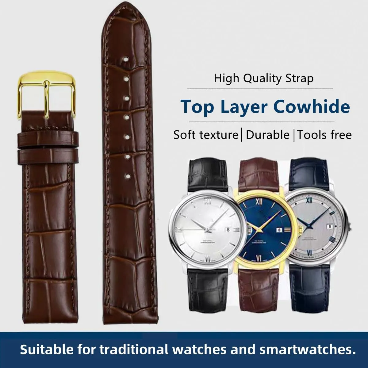 FOUUA Cinturino per Orologio in Pelle Italiana Grana Alligatore 24mm Marrone-Oro - immagine 2