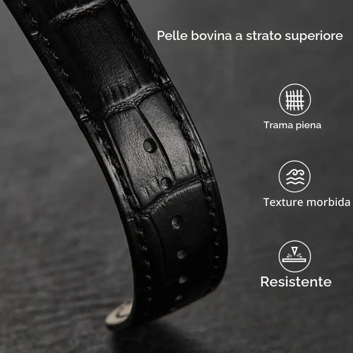 FOUUA Cinturino per Orologio in Pelle Italiana Grana Alligatore Goffrato 12mm Nero-Argento - immagine 3