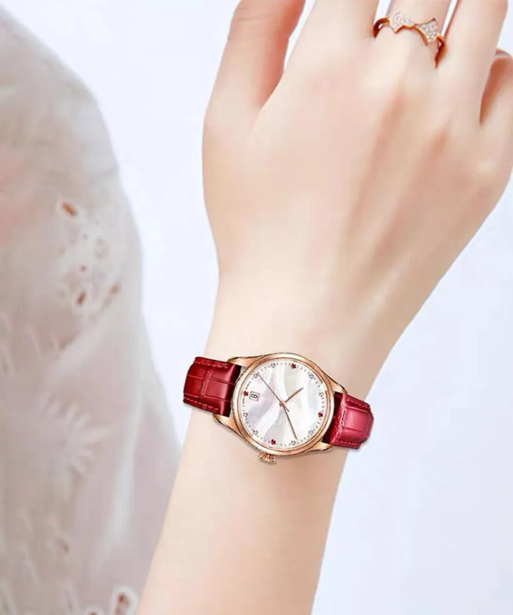 FOUUA Cinturino per Orologio in Pelle Italiana Grana Alligatore Goffrato 14mm Rosso-argento - immagine 6