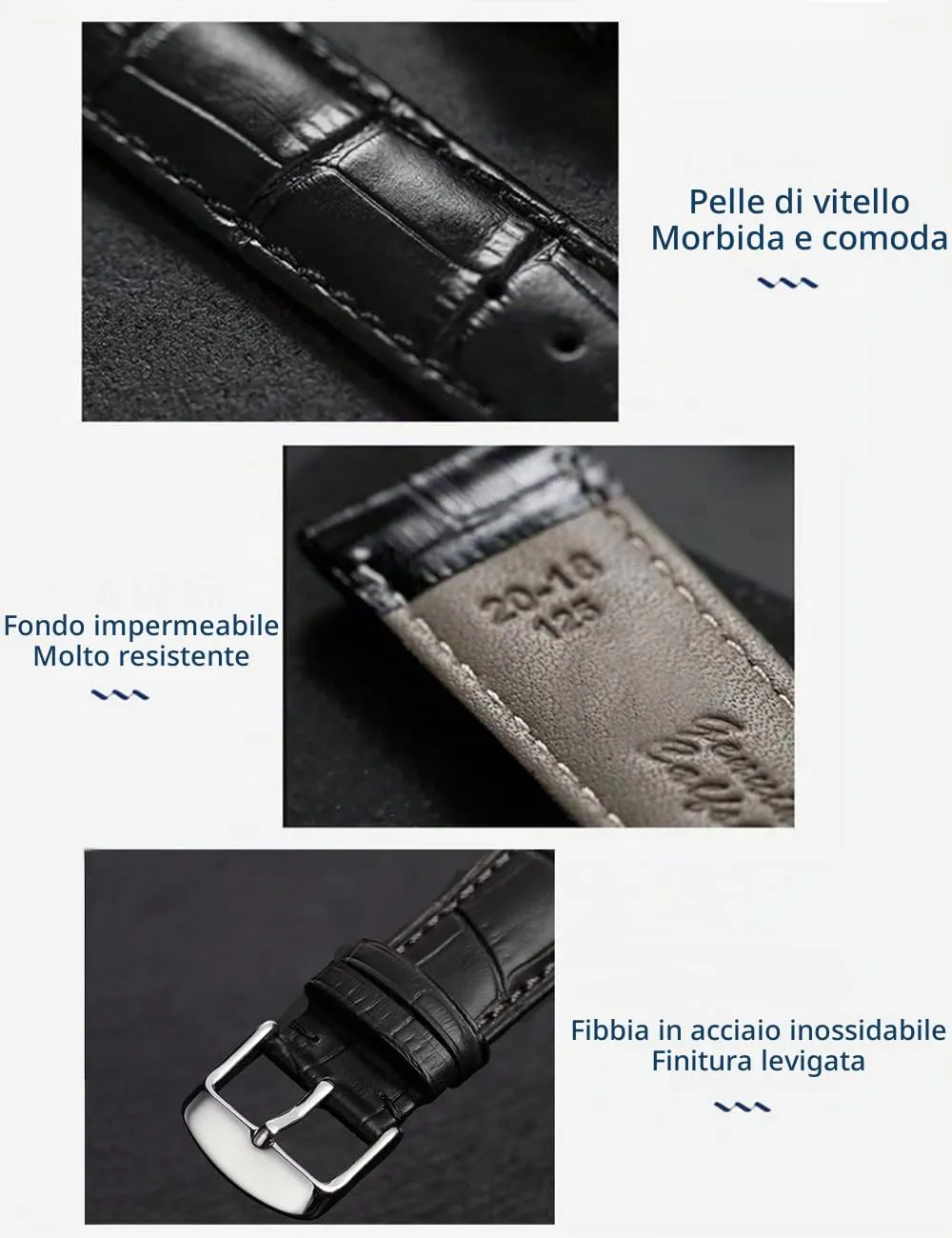 FOUUA Cinturino in Pelle Italiana Grana Alligatore Goffrato per Uomo e Donna, 13mm, Nero-Argento - immagine 4