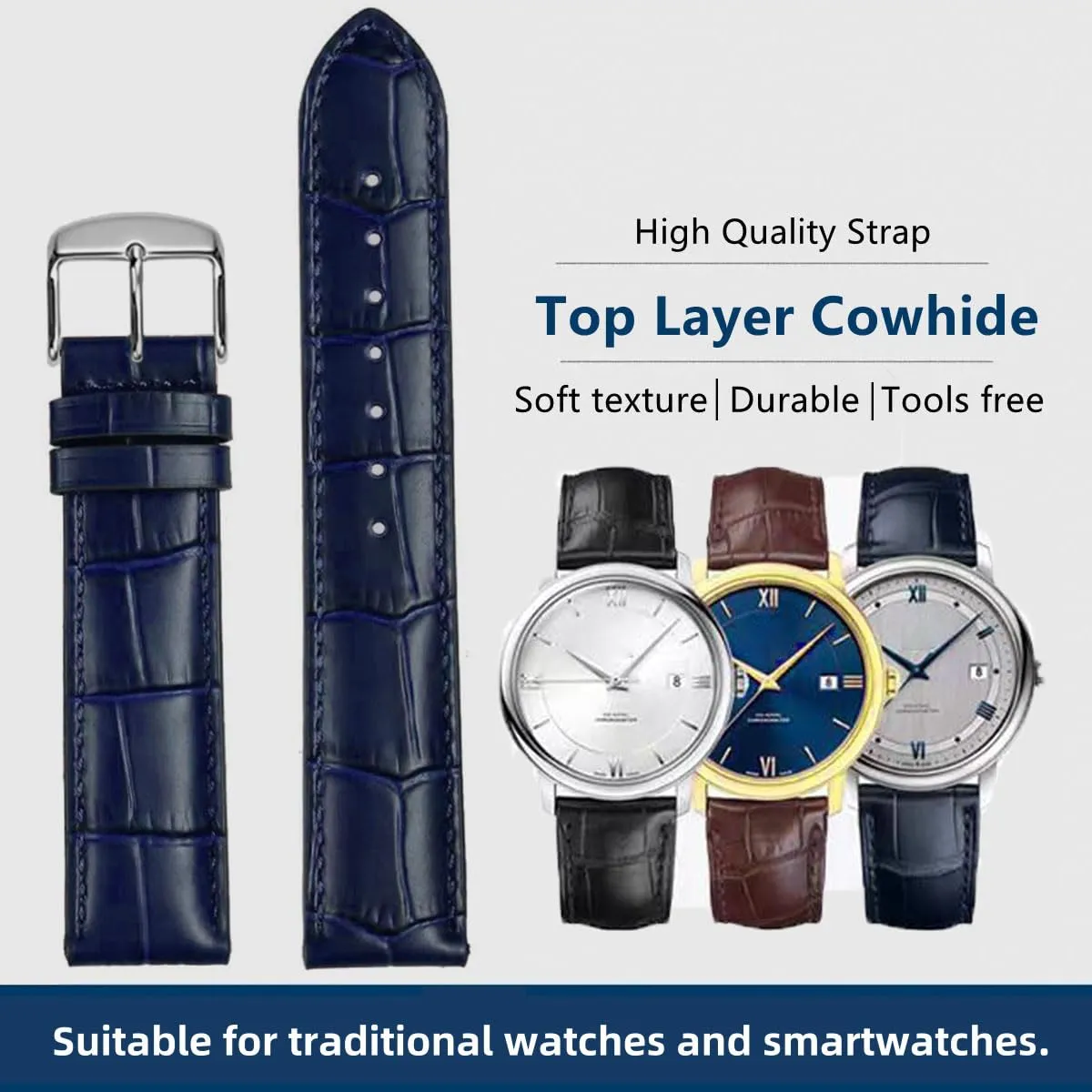 FOUUA Cinturino per Orologio in Pelle Italiana Grana Alligatore 19mm Blu-argento - immagine 2
