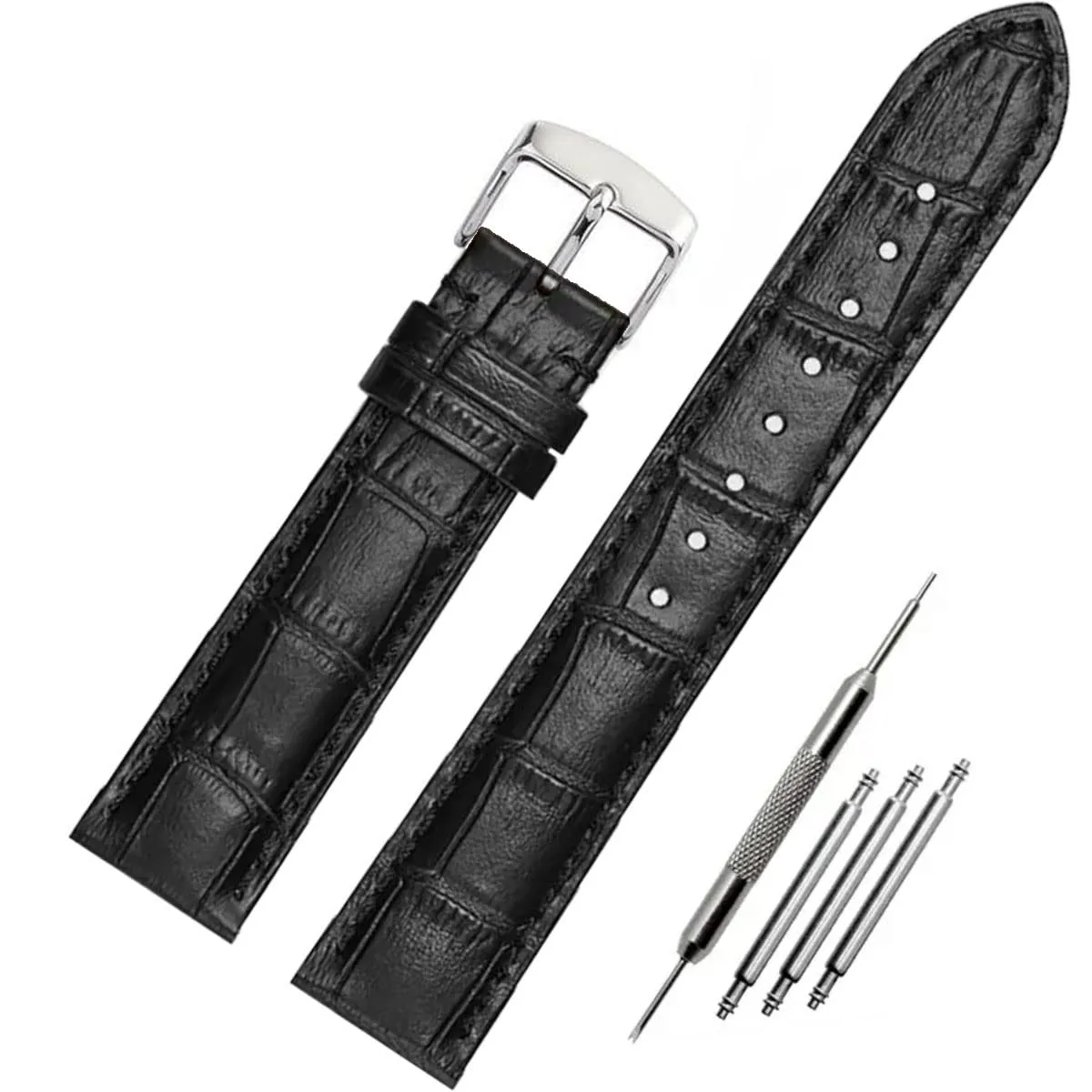 FOUUA Cinturino per Orologio in Pelle Italiana Grana Alligatore 15mm Nero-Argento - immagine 1