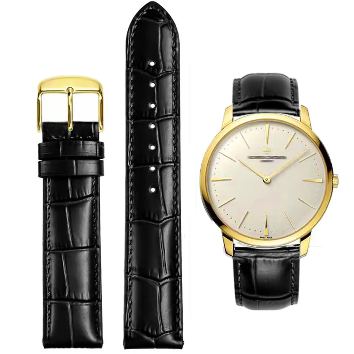 FOUUA Cinturino per Orologio in Pelle Italiana Grana Alligatore 17mm Nero-oro - immagine 1