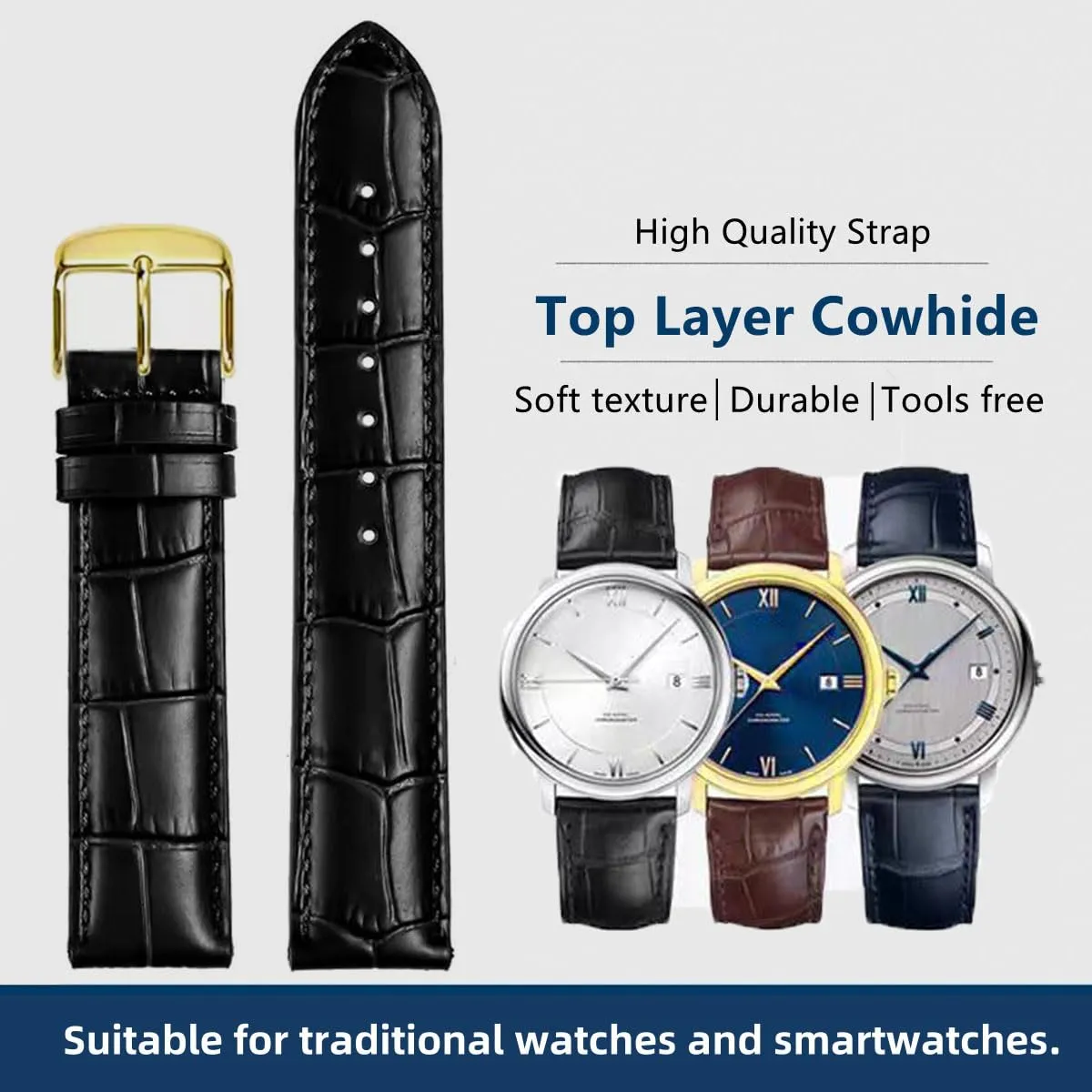 FOUUA Cinturino per Orologio in Pelle Italiana Grana Alligatore 21mm Nero-oro - immagine 2