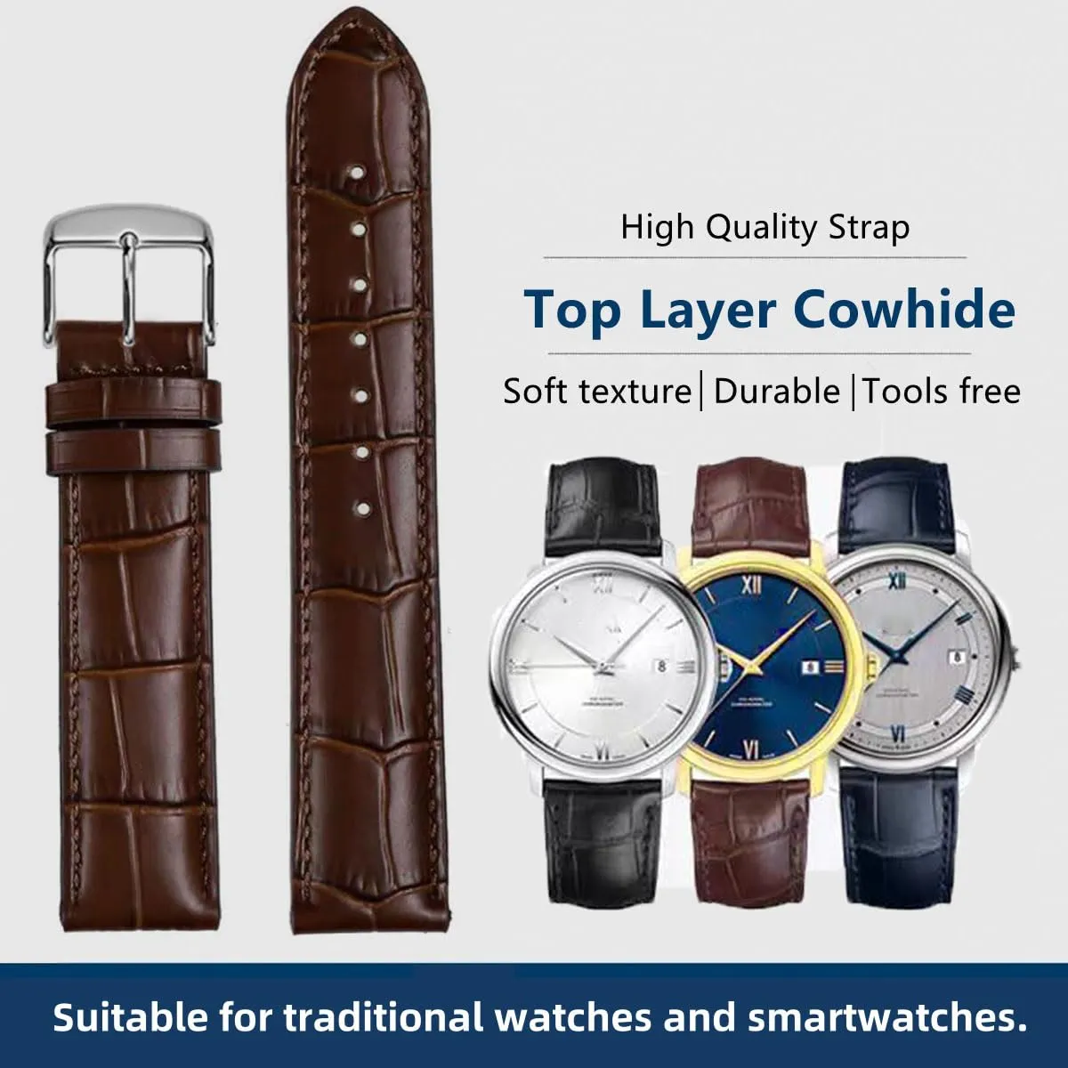 FOUUA Cinturino per Orologio in Pelle Italiana Grana Alligatore Goffrato 19mm Marrone-Argento - immagine 2