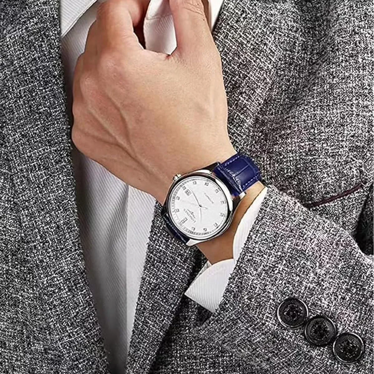 FOUUA Cinturino in Pelle Italiana Grana Alligatore per Uomo e Donna, 24mm, Blu-argento - immagine 6