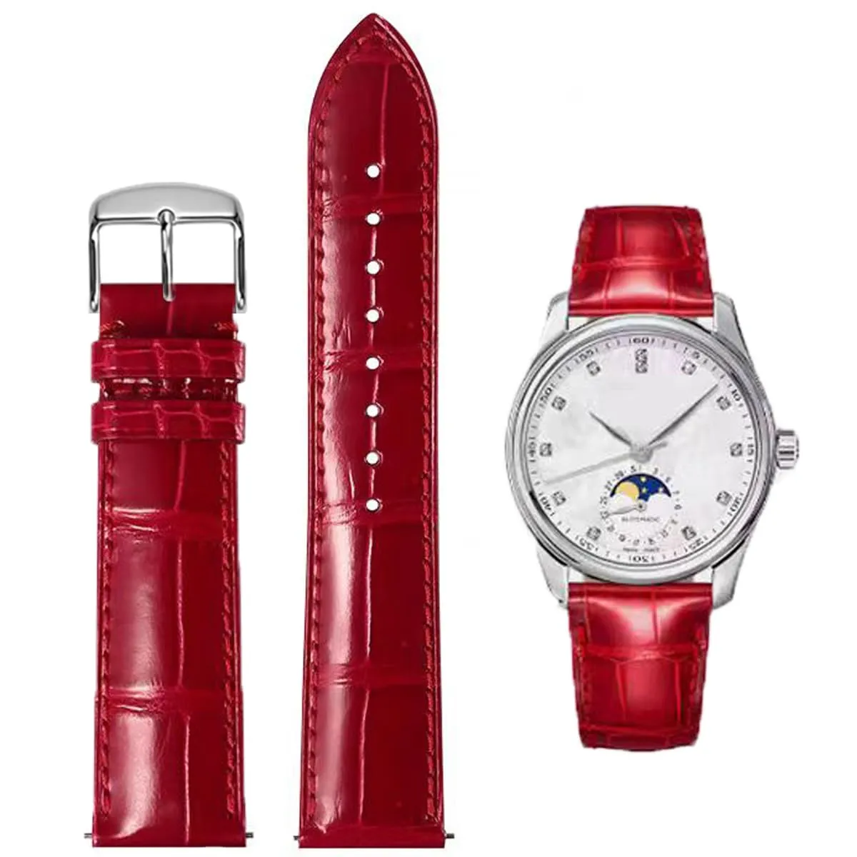 FOUUA Cinturino per Orologio in Pelle Italiana Grana Alligatore 19mm Rosso-Argento - immagine 1