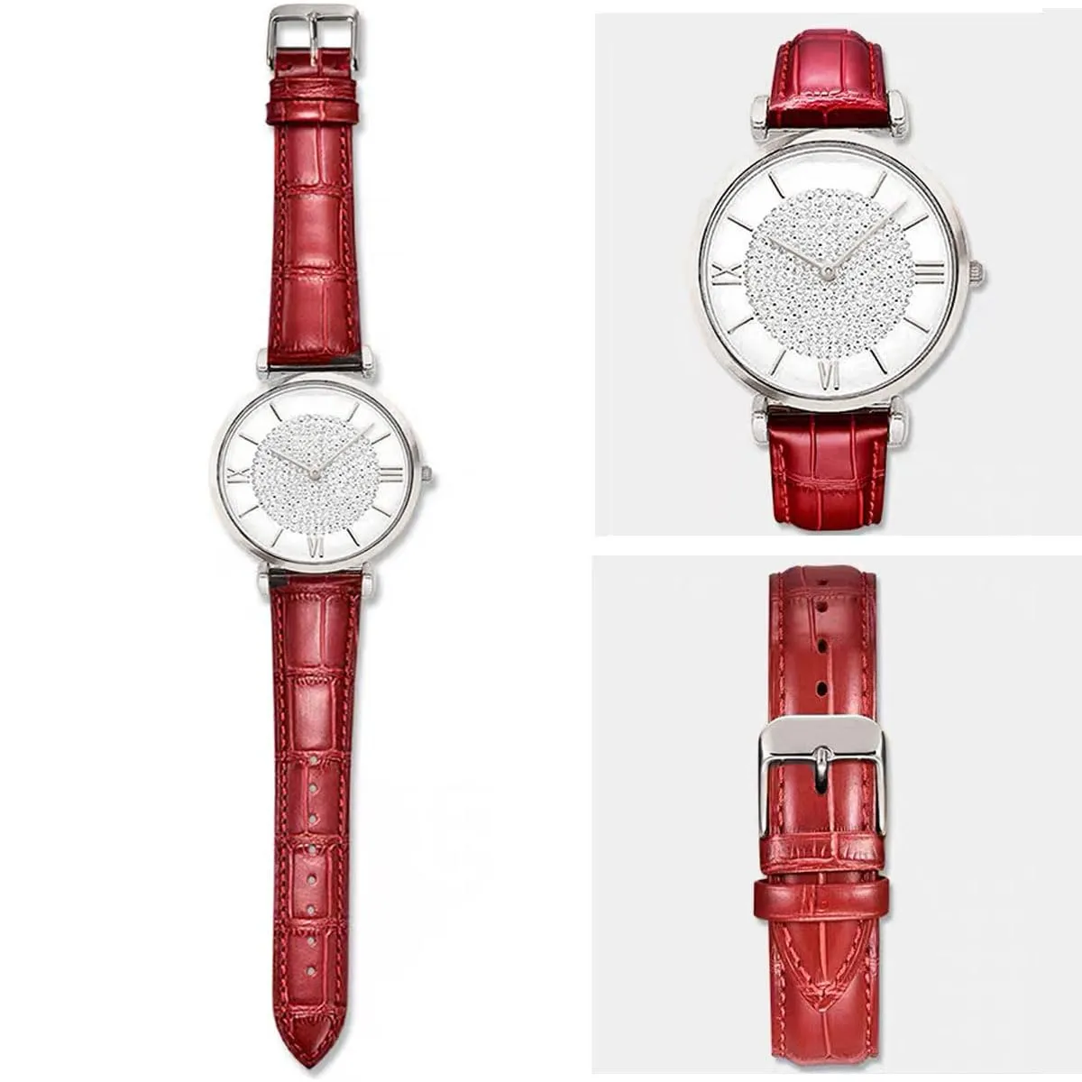 FOUUA Cinturino per Orologio in Pelle Italiana Grana Alligatore 19mm Rosso-Argento - immagine 5