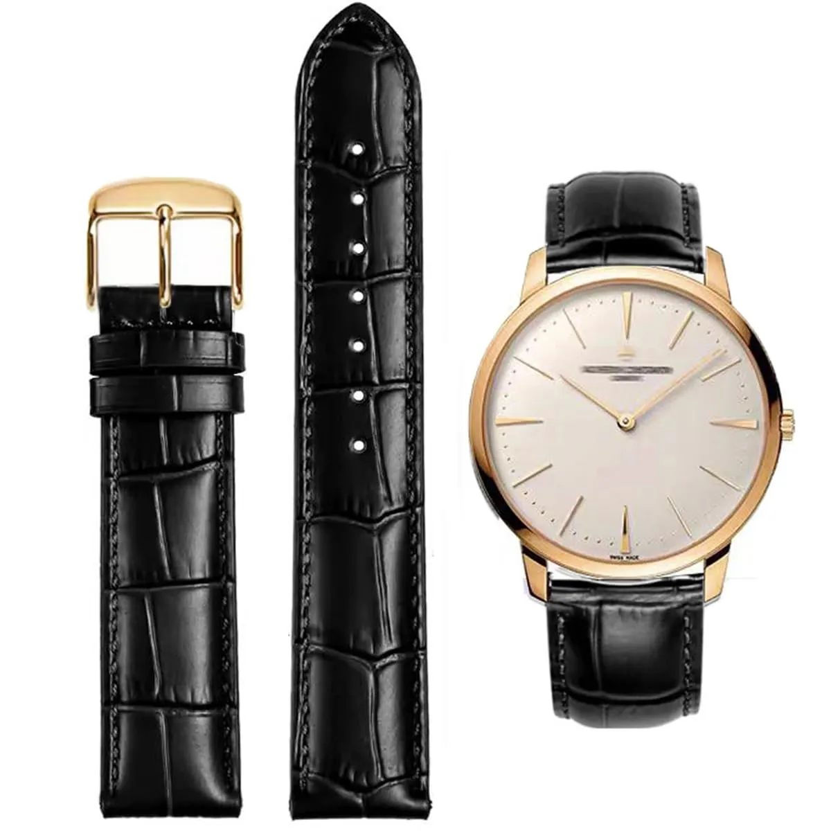FOUUA Cinturino per Orologio in Pelle Italiana Grana Alligatore 13mm Nero-oro rosa - immagine 1