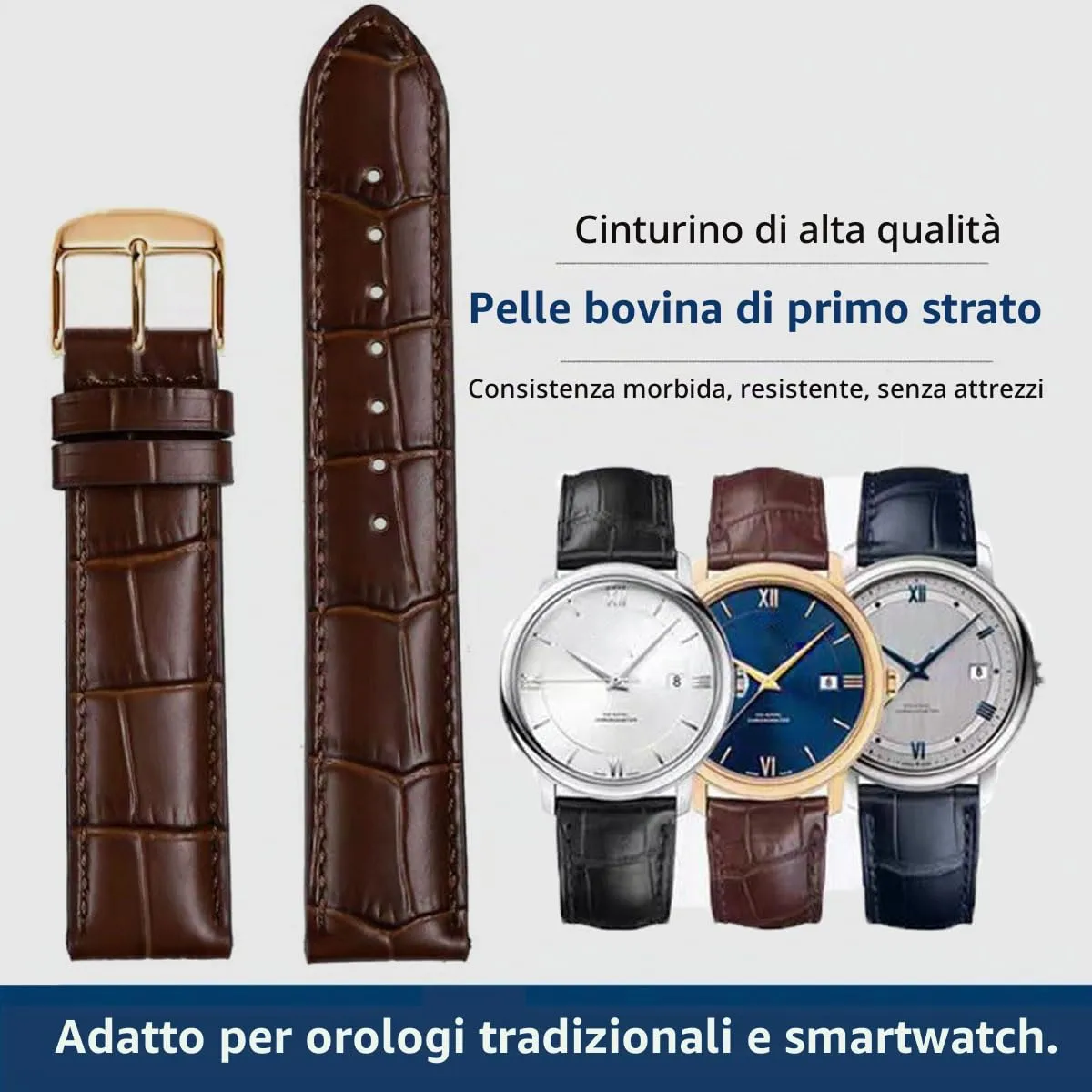 FOUUA Cinturino in Pelle Italiana Grana Alligatore per Orologio, 15mm, Marrone-oro rosa - immagine 2