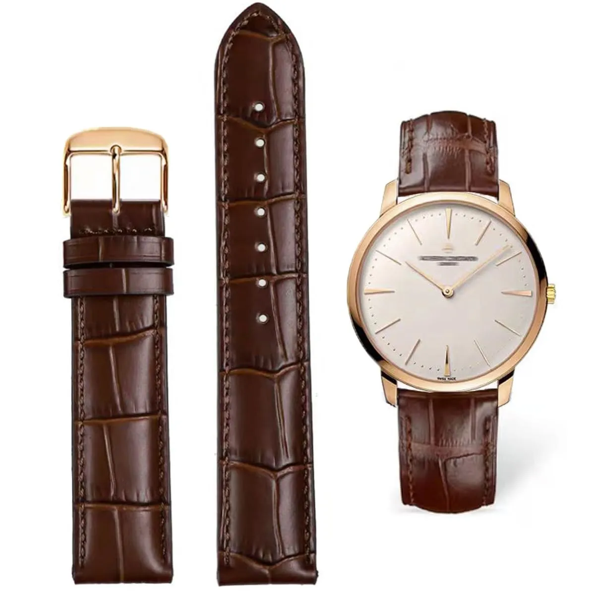 FOUUA Cinturini per Orologio in Pelle Italiana Grana Alligatore 20mm Marrone-oro rosa - immagine 1