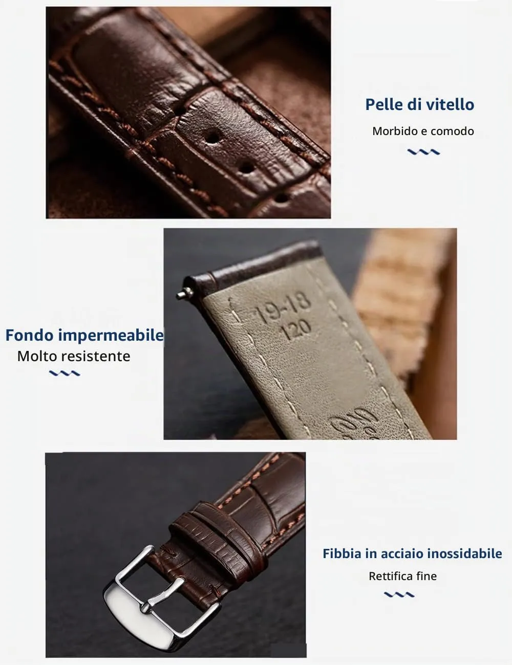 FOUUA Cinturino per Orologio in Pelle Italiana Grana Alligatore 21mm Marrone-oro rosa - immagine 3