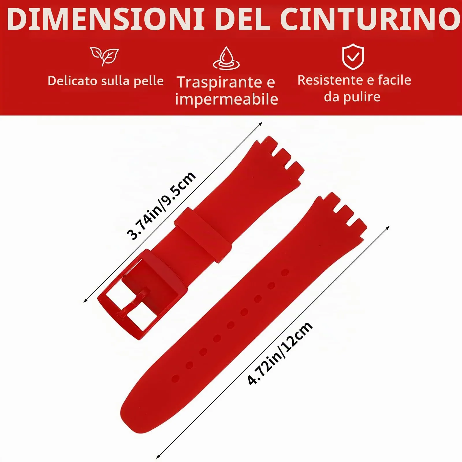 Rihahisy Cinturino di Ricambio in Silicone per Orologio, 19mm, Rosso - immagine 2