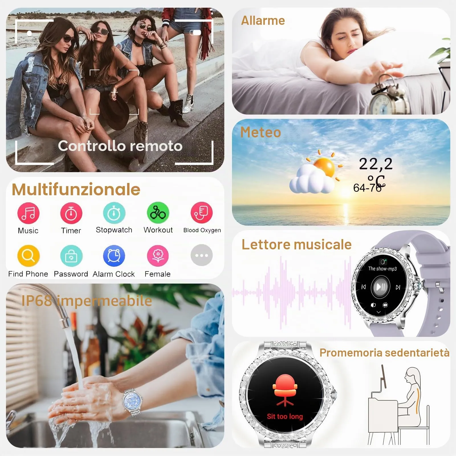 fitonyo Smartwatch Donna Diamond 1.32" con Chiamate, Whatsapp, Cardiofrequenzimetro, SpO2 e Monitoraggio del Sonno per iOS e Android - immagine 8