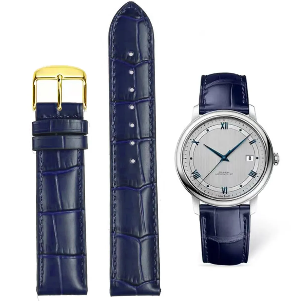 FOUUA Cinturino per Orologio in Pelle Italiana Grana Alligatore 18mm Blu-oro - immagine 1