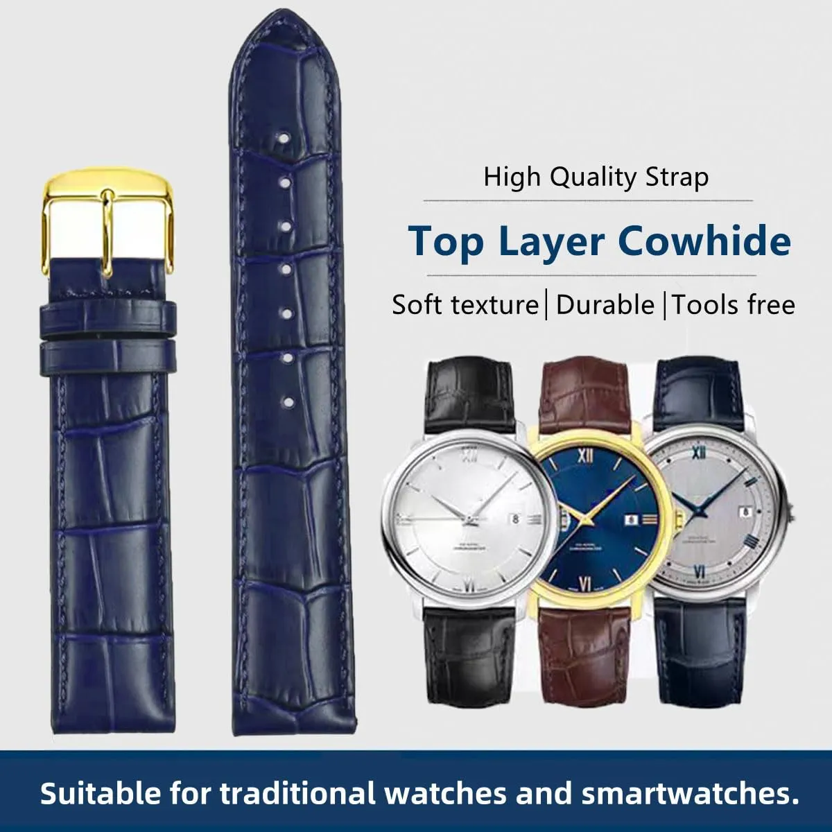 FOUUA Cinturino per Orologio in Pelle Italiana Grana Alligatore 12mm Blu-oro - immagine 4