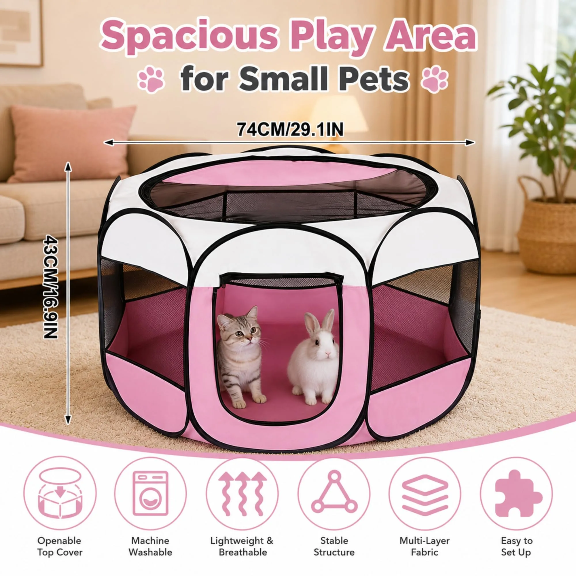 Qnbonrich Recinto Pieghevole per Cuccioli, 74 x 74 x 43 cm, Rosa - immagine 2