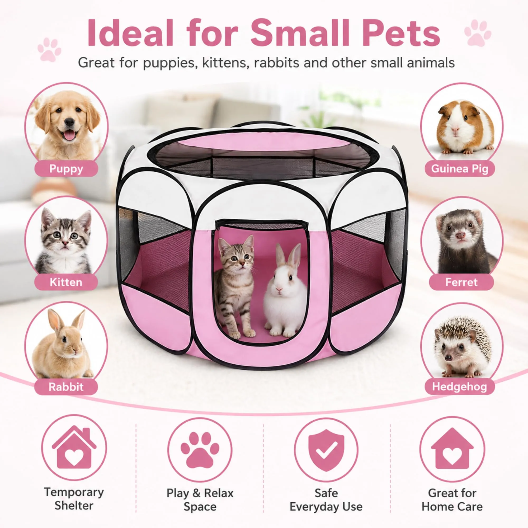 Qnbonrich Recinto Pieghevole per Cuccioli, 74 x 74 x 43 cm, Rosa - immagine 3