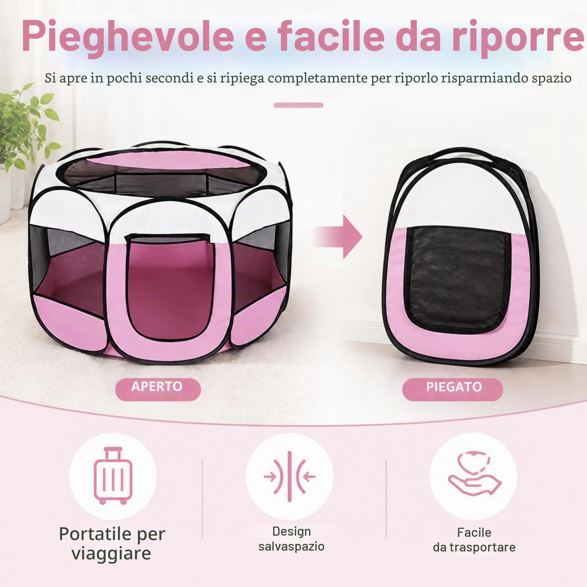 Qnbonrich Recinto Pieghevole per Cuccioli, 74 x 74 x 43 cm, Rosa - immagine 4
