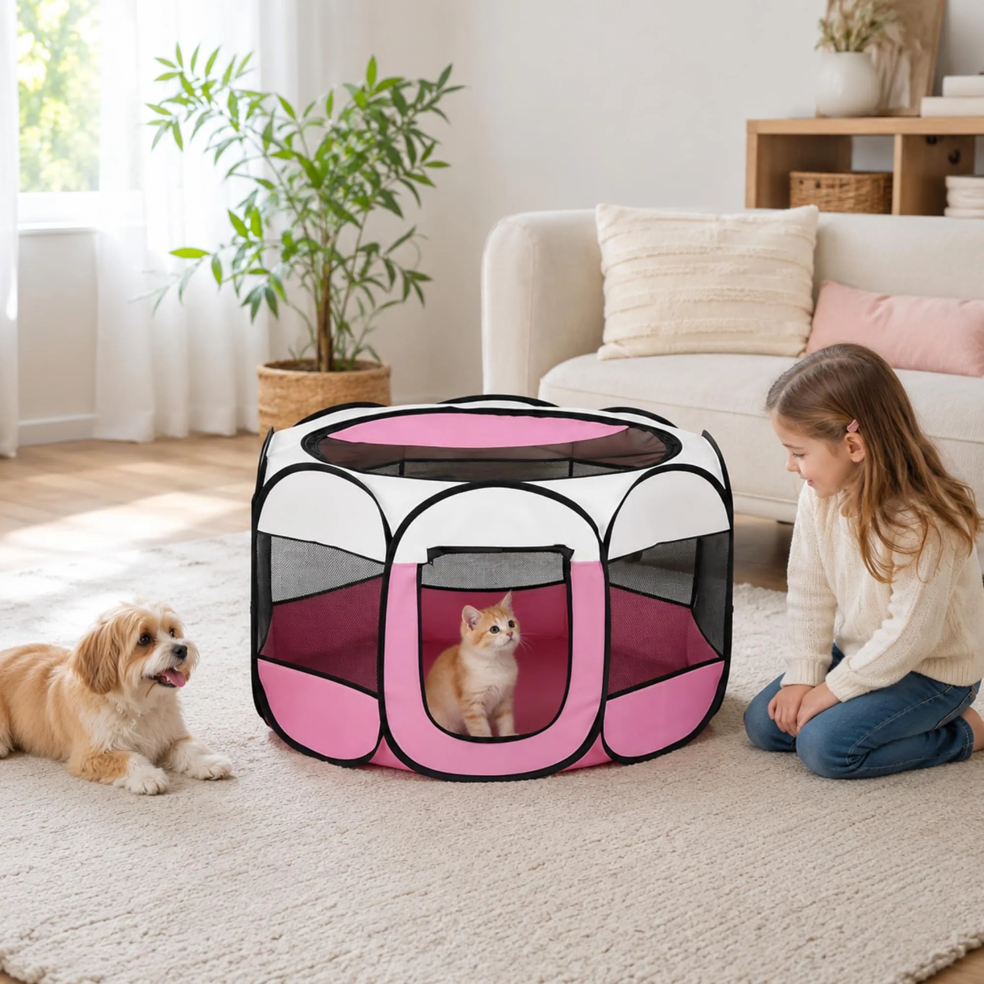 Qnbonrich Recinto Pieghevole per Cuccioli, 74 x 74 x 43 cm, Rosa - immagine 7