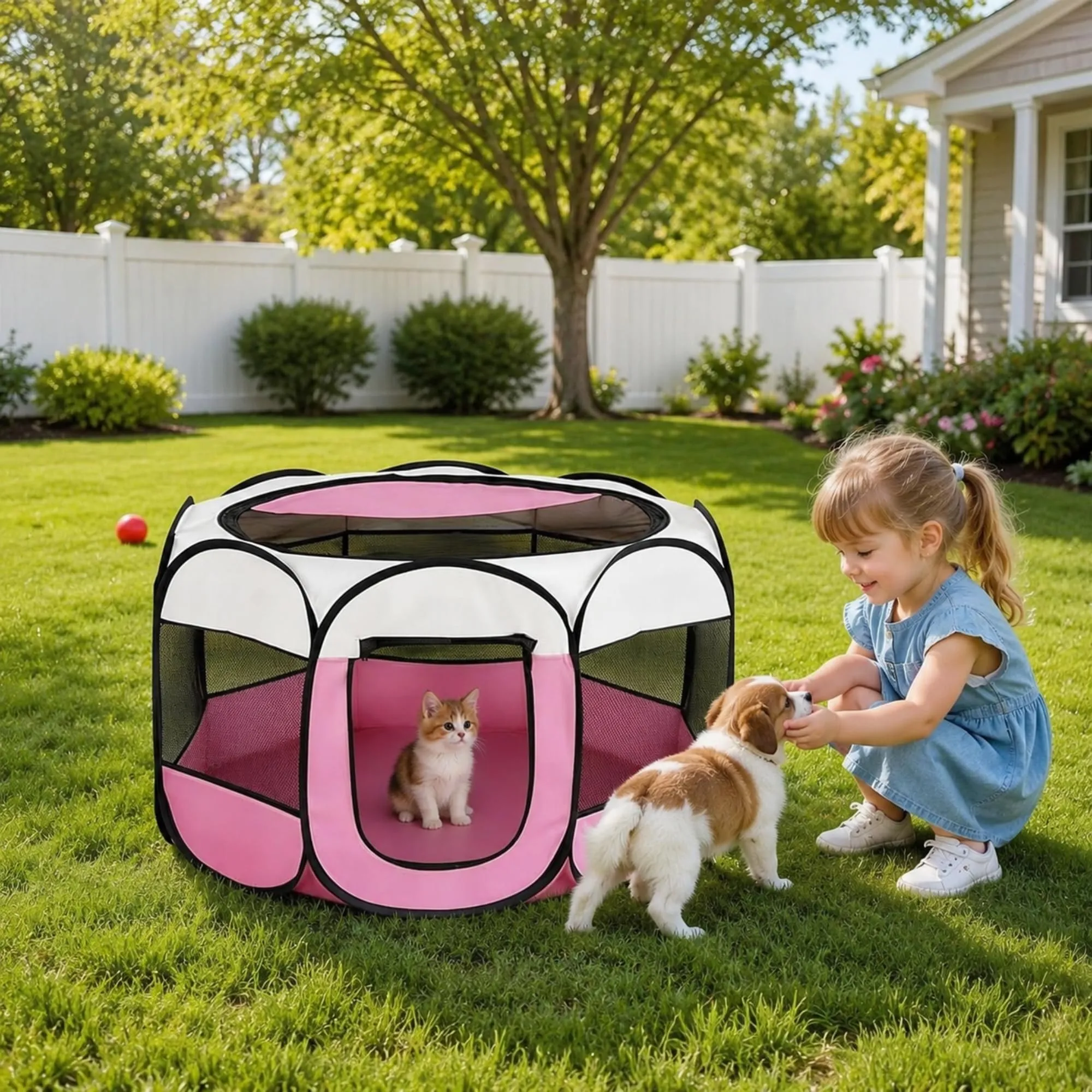 Qnbonrich Recinto Pieghevole per Cuccioli, 74 x 74 x 43 cm, Rosa - immagine 8